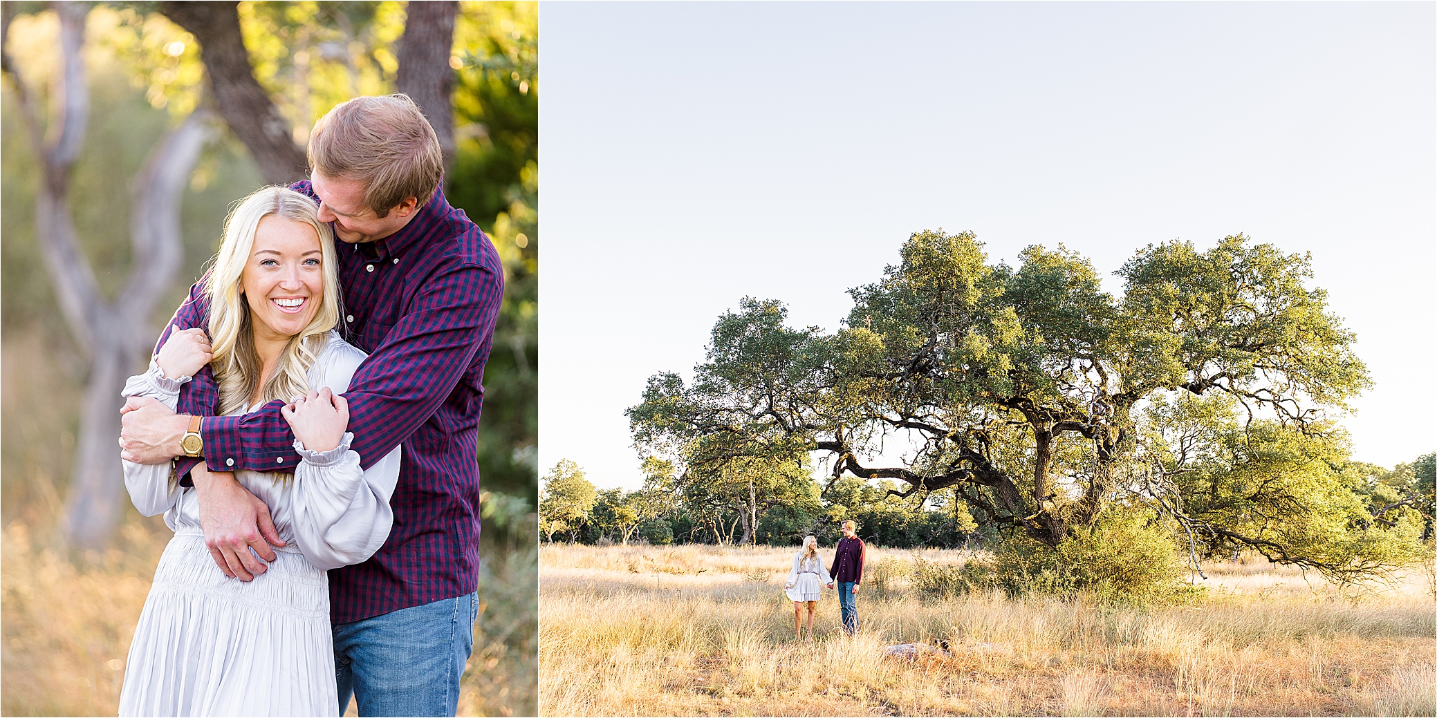 A couple holds hands in a field under a large tree as the sun shines during their Texas Hill Country Engagement Session with Boerne Wedding Photographer Jillian Hogan 