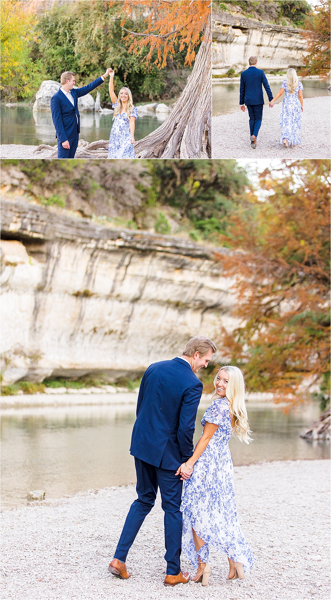 A couple dressed in blue in white hold hands and she smiles back over her shoulder at the camera in front of the Guadalupe River during their Hill Country Engagement Session with Jillian Hogan Photography 