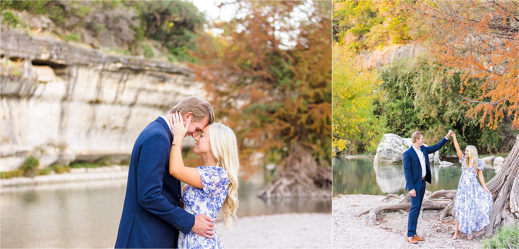 A couple in Navy and White share a dance in front of a river with with yellow and orange leaves surrounding them during their Texas Hill Country Engagement with Wedding Photographer Jillian Hogan 