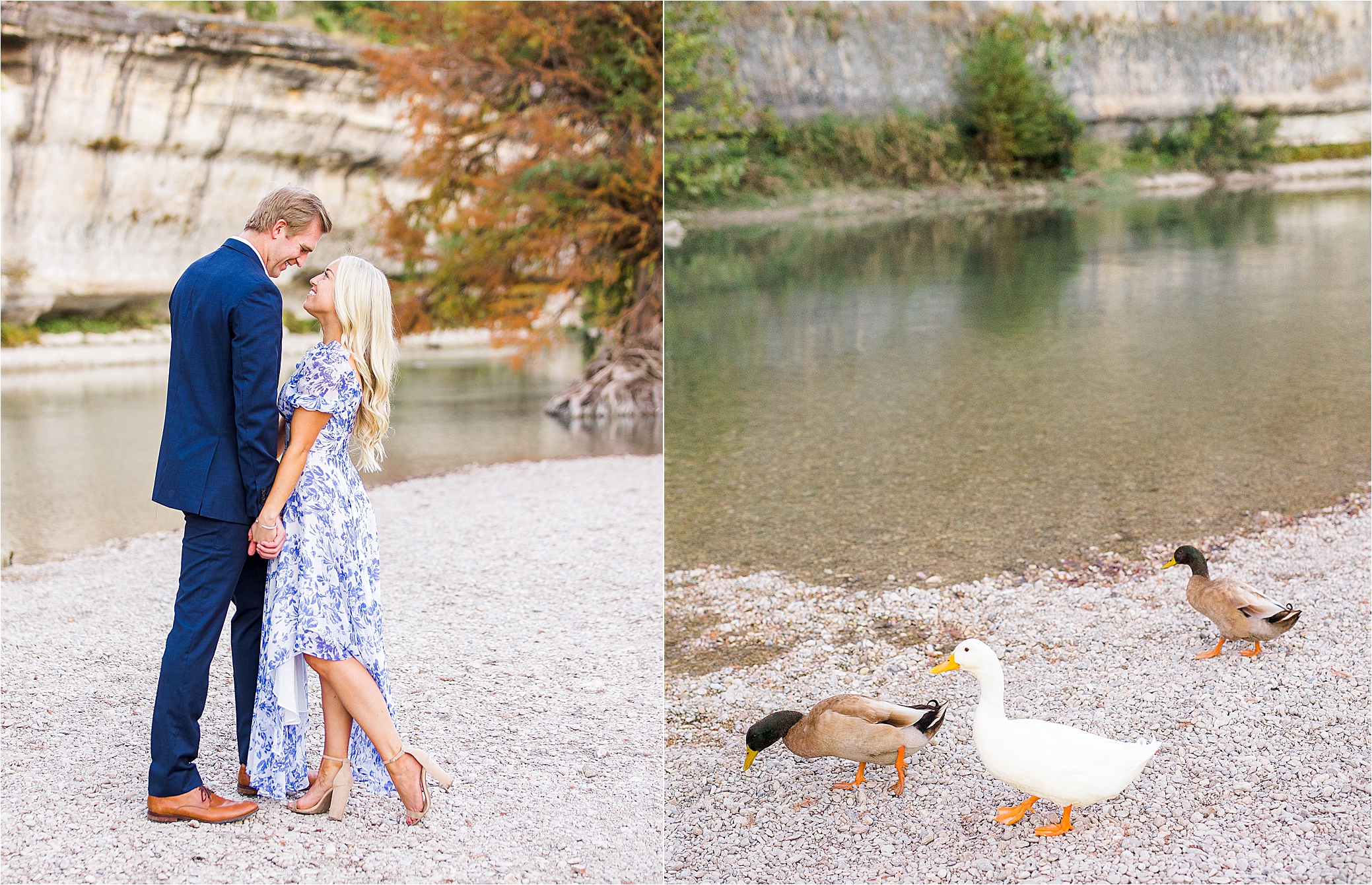 A couple holds hands and brings their heads in close in front of a river with large cliffs during their Hll Country Engagement Session near Boerne, Texas 