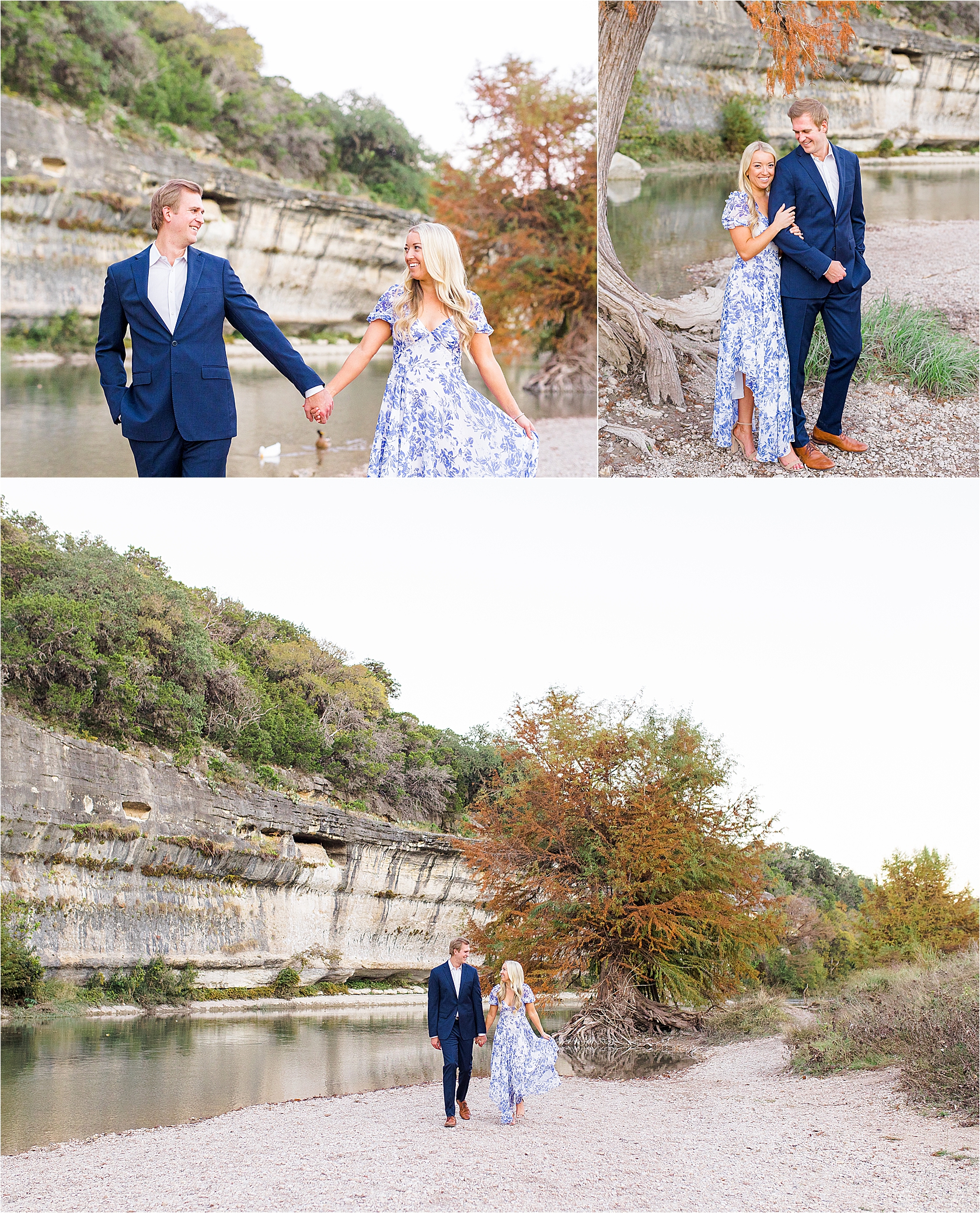 A couple laughs while holding hands with a beautiful cliffs and a river behind them for their Texas Hill Country Engagement Session with San Antonio Wedding Photographer Jillian Hogan 