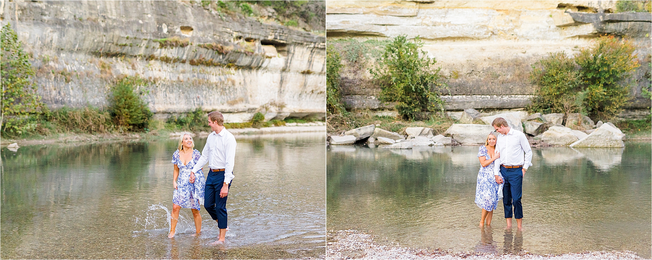 An engaged couple in blue and white hold hands and splash in the water during their engagement session with large rock cliffs in the background at Guadalupe River State Park near Boerne, Texas 