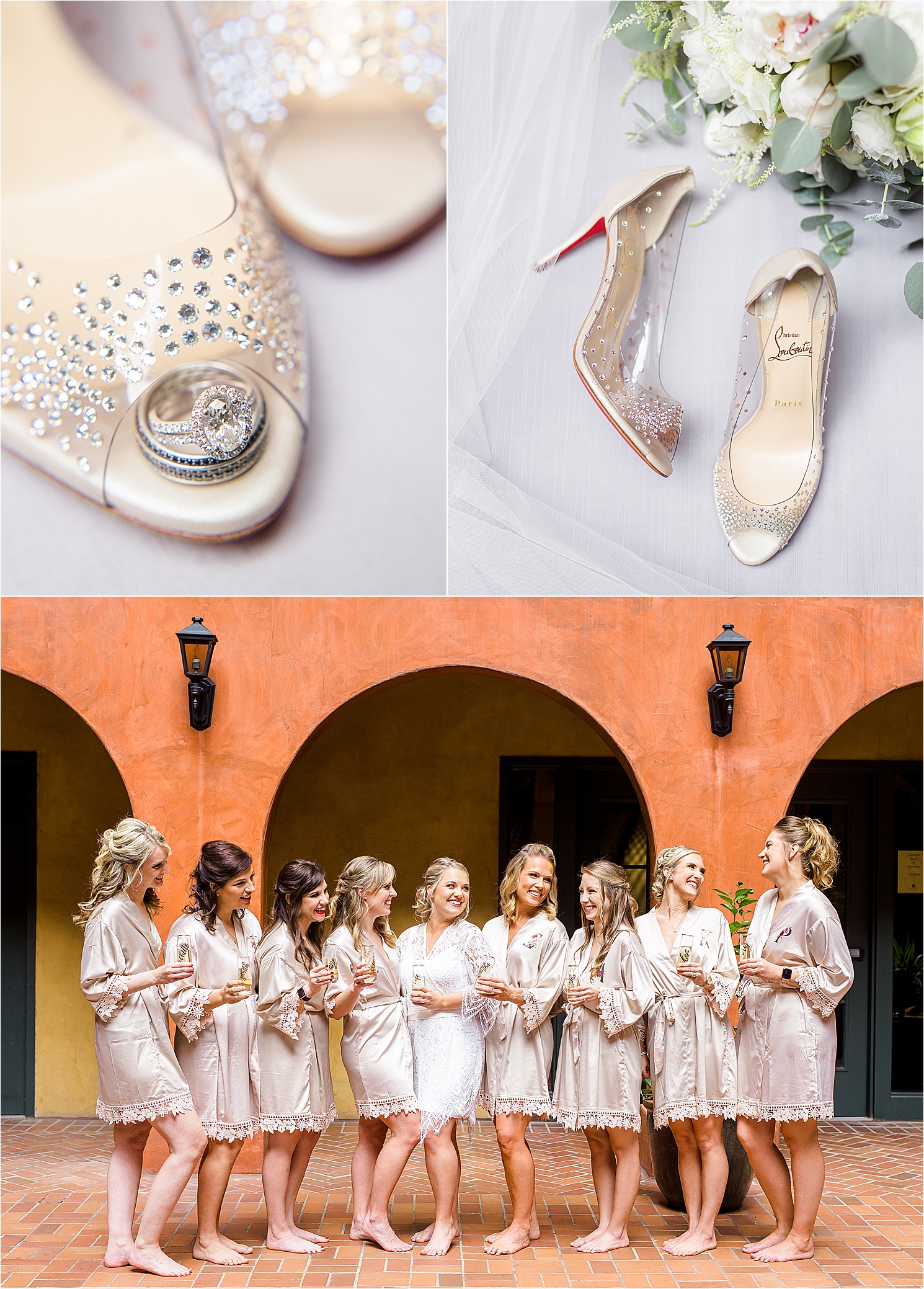 louboutins, a large diamond engagement ring and bride toasting with her bridesmaids in their robes at the Valencia hotel in San Antonio, Texas 