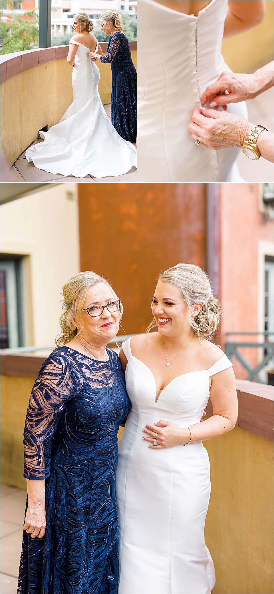 A mother of the bride helps her daughter get into her wedding dress and buttons up the back on a patio overlooking downtown San Antonio at The Valencia Hotel 
