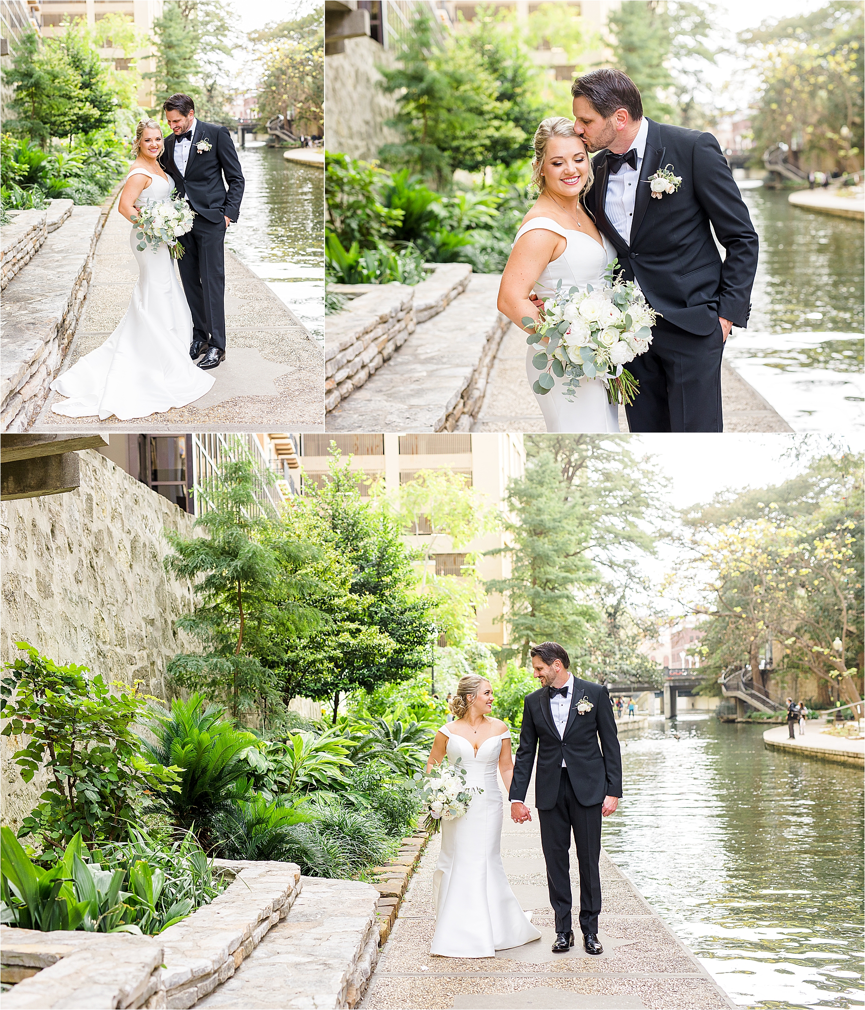 A couple on their wedding day poses in front of the San Antonio Riverwalk for their wedding day portraits with wedding Photographer Jillian Hogan Photography 