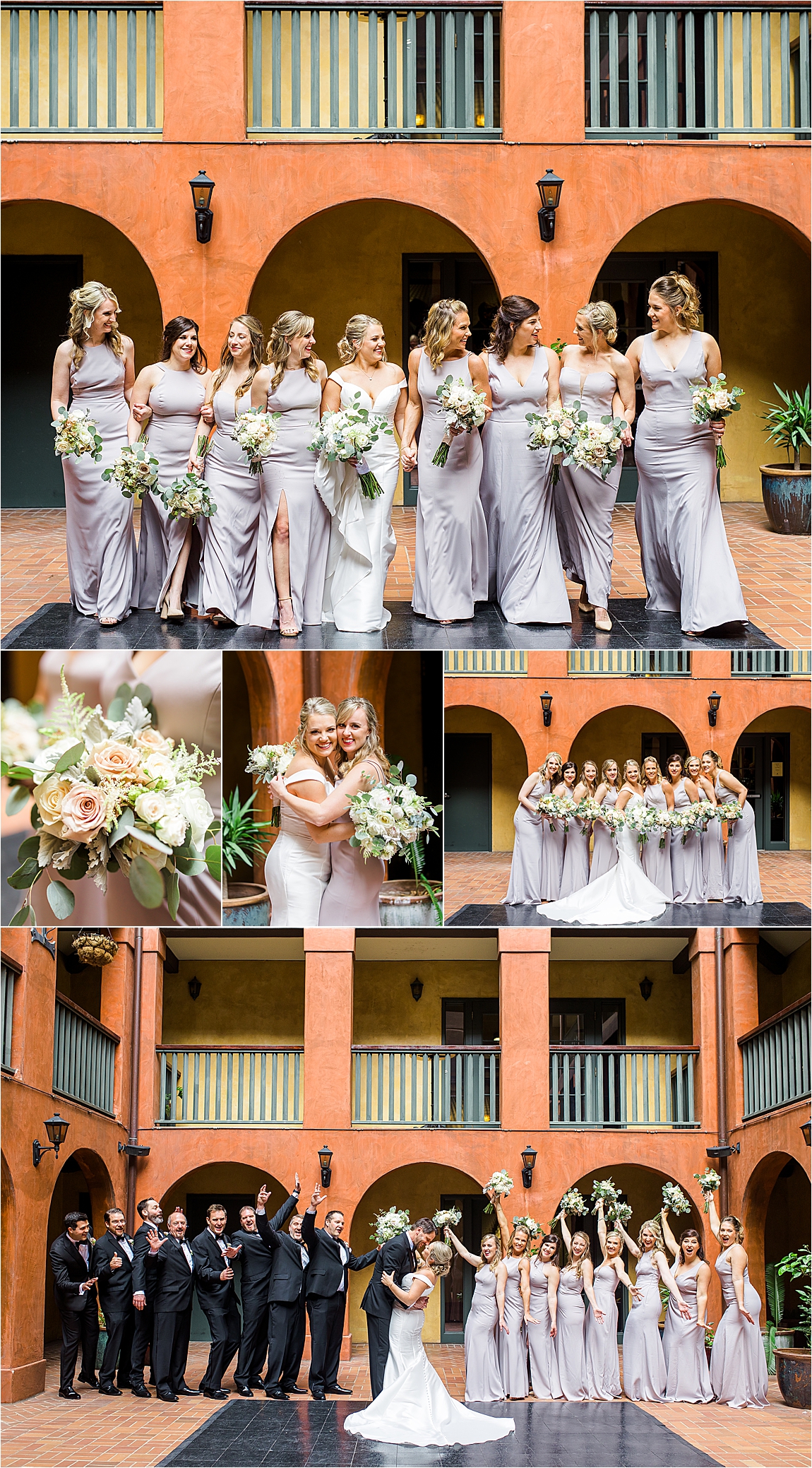 A bride and her bridesmaids hold hands with their lavender dresses surround by the terracota patio at Hotel Valencia in San Antonio