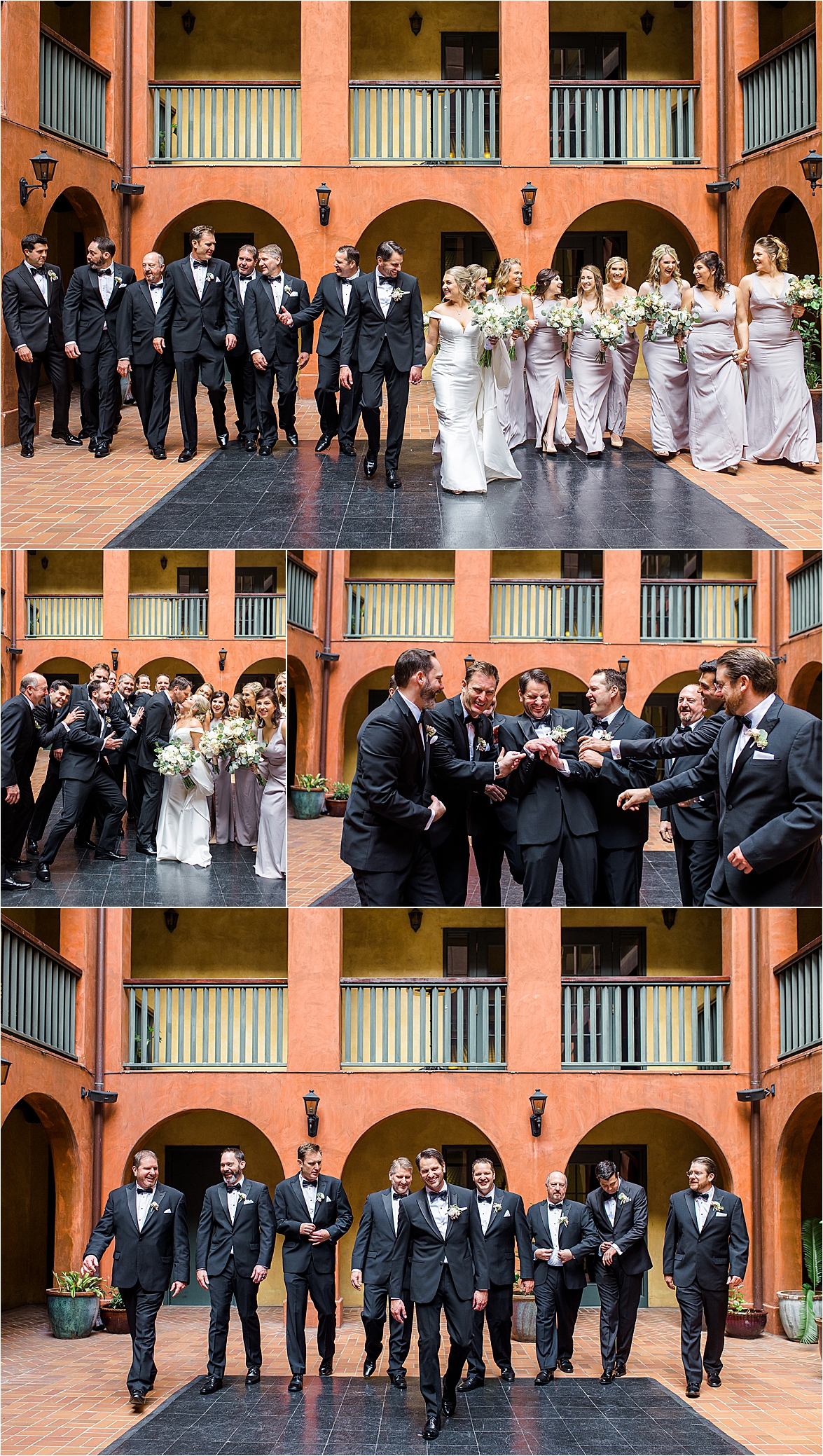 A wedding party walks through the Hotel Valencia Patio for bridal party portraits on their San Antonio Wedding day. 