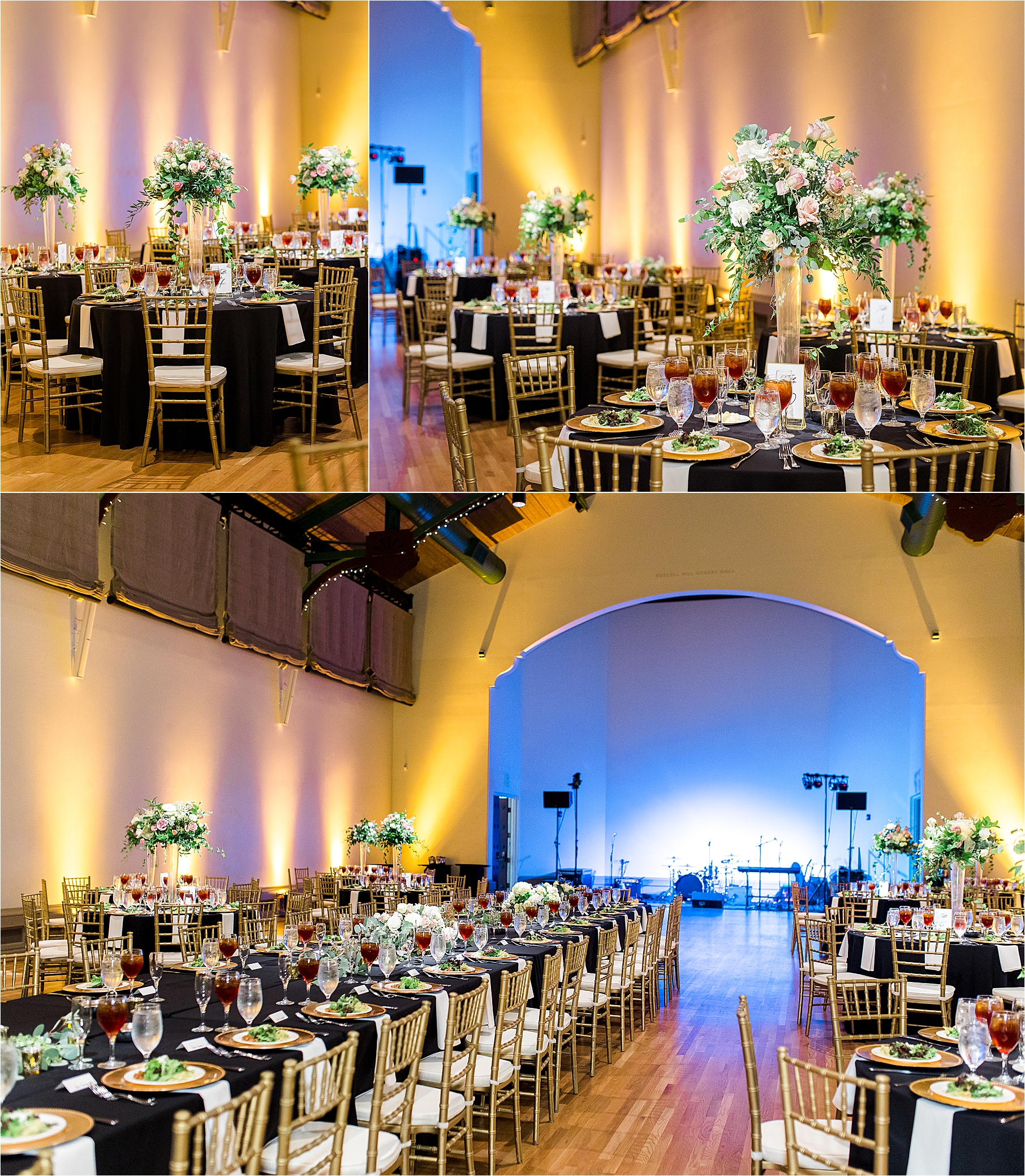 A wedding reception all set up at The McNay Art Museum by All in the details. It is adorned with lush florals and uplighting to set the mood. 