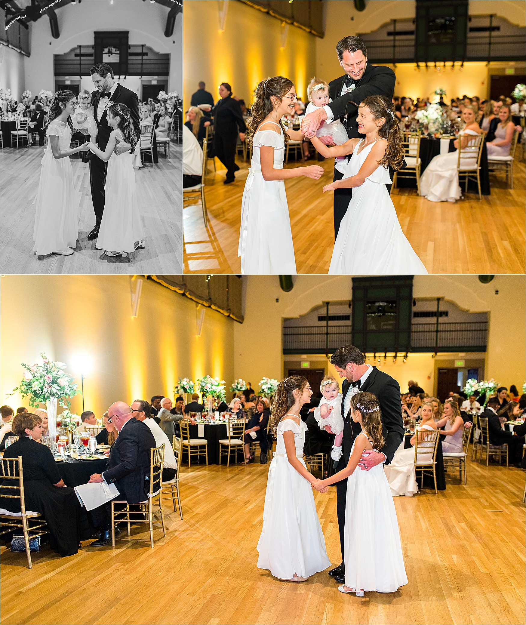A groom dances with all three of his young daughters at his McNay art Museum Wedding Reception in San Antonio, Texas 