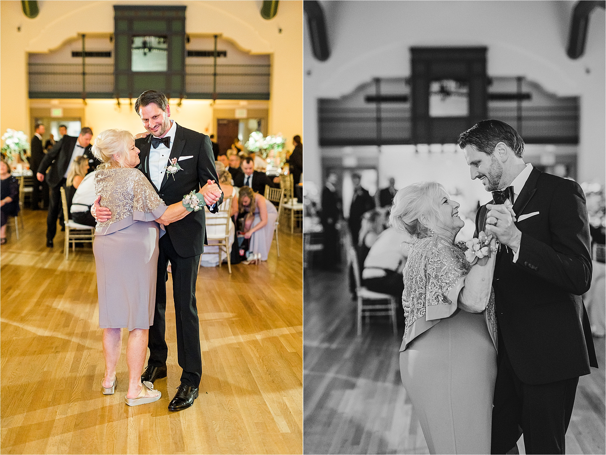 A Groom dances with his mom and they smile at each other during their McNay Art Museum Wedding Reception 