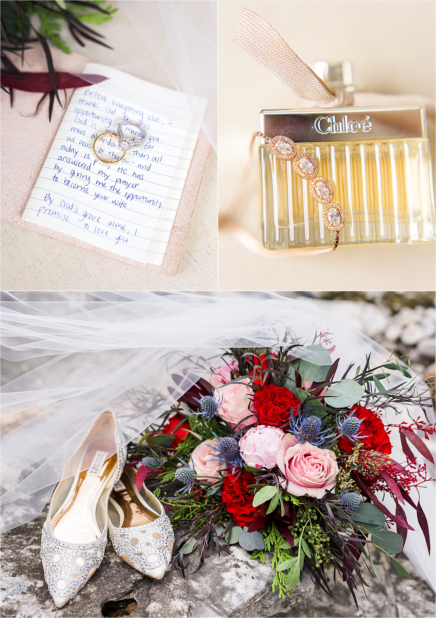Some bridal details including rings on a vows written out, chloe perfume and shoes next to pink, red and blue winter bridal bouquet by San Antonio Wedding Photographer Jillian Hogan 
