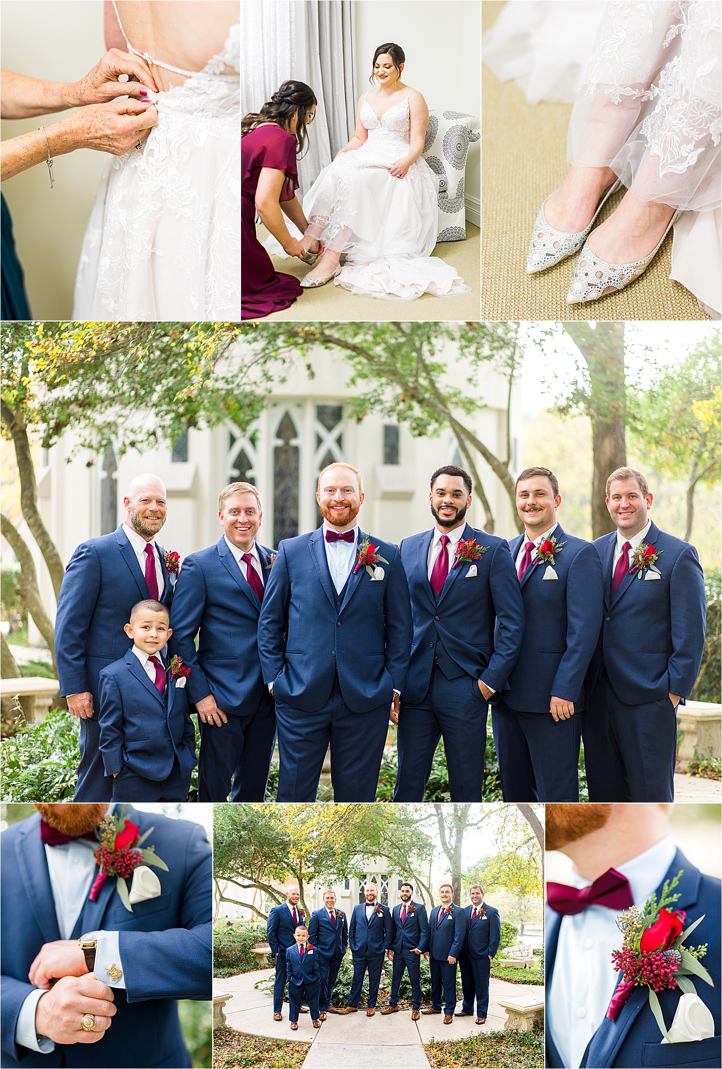 A close up of the mother of the bride's hands as she zips up the brides dress and another image of the groom fixing his cufflinks and posing with groomsmen in navy suits at Alamo Heights United Methodist Church in San Antonio, Texas 