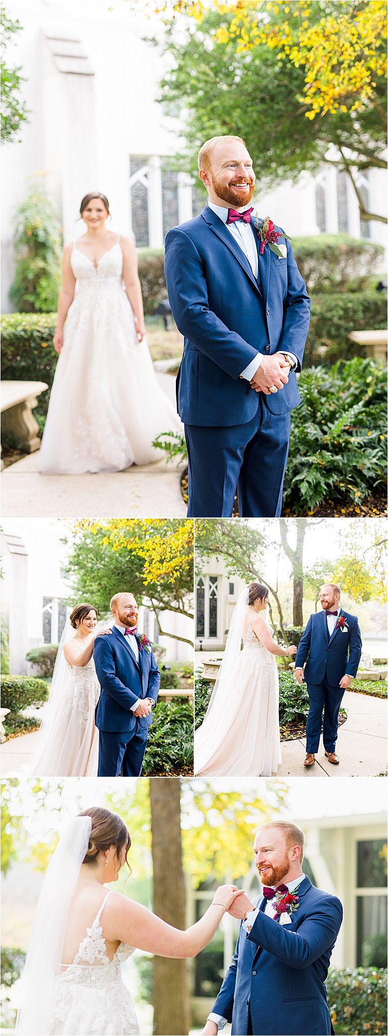 A happy groom waits for his bride as she walks up behind him and they share a first look before their Alamo Heights United Methodist Church Wedding on a warm, sunny December Morning