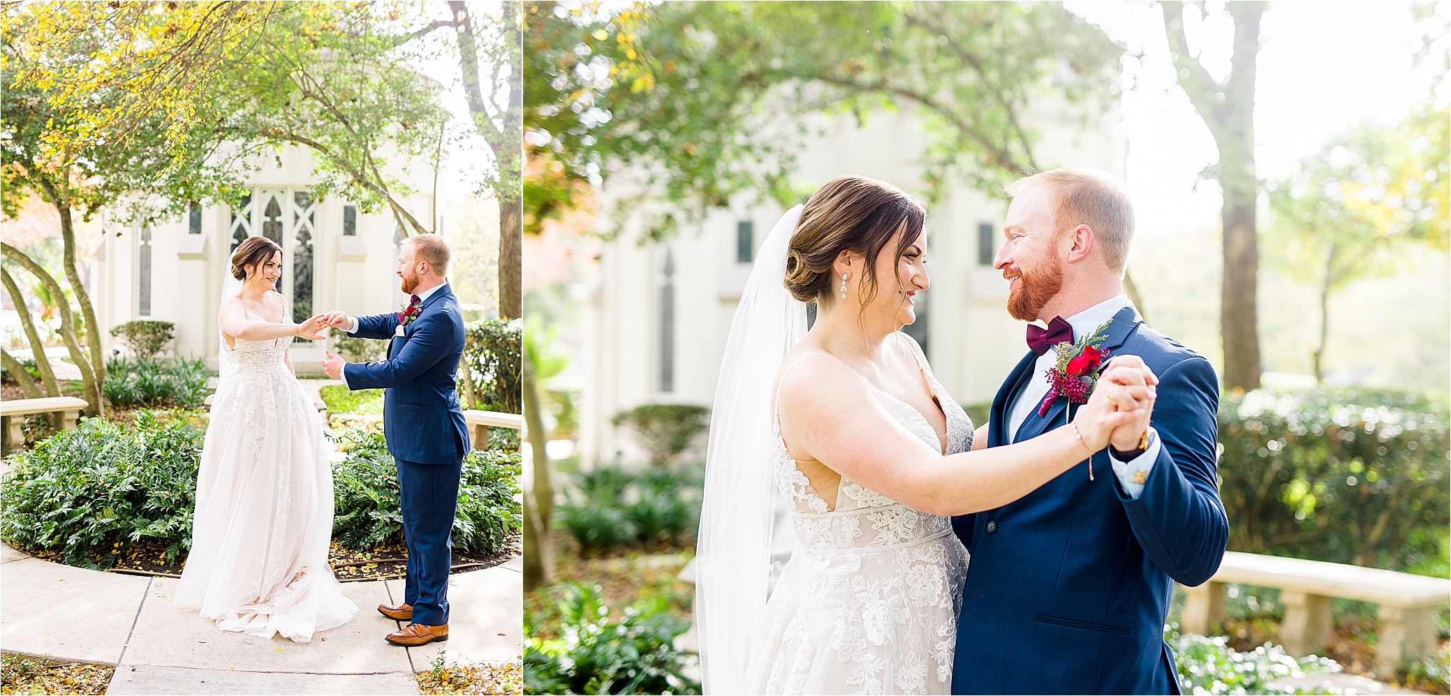 A groom spins his bride in front of a white chapel and greenery and pulls hr in close at Alamo Heights United methodist church with San Antonio Wedding Photographer Jillian Hogan 