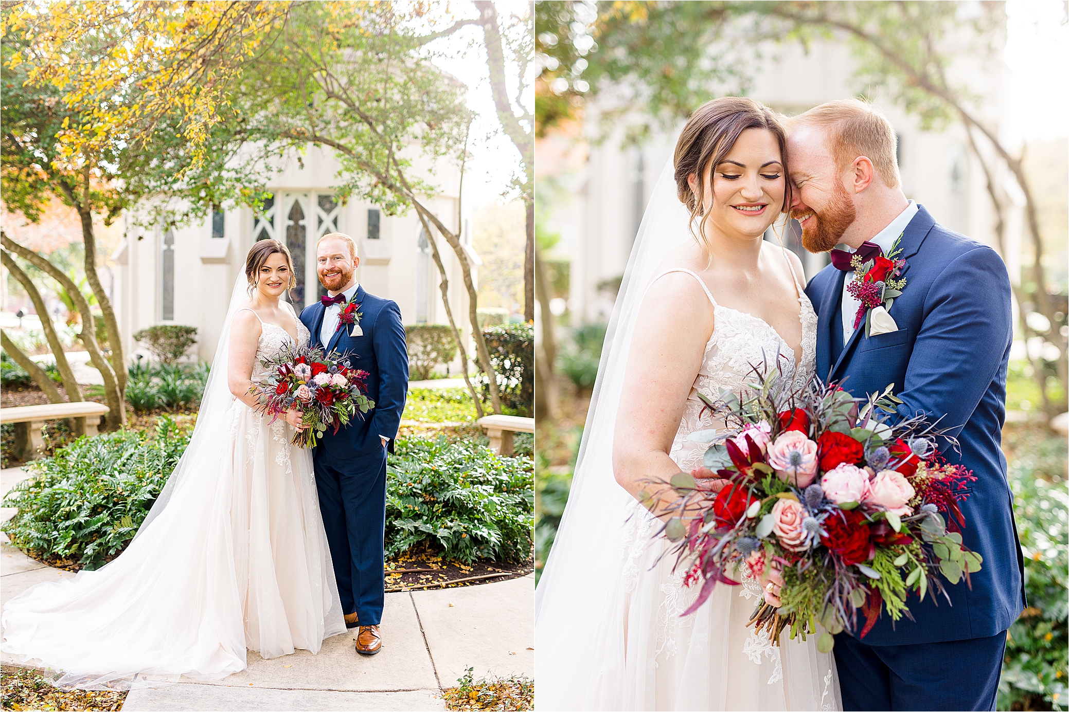 A groom to be nuzzles into his brides cheek as she looks down at her colorful wedding bouquet filled with navy, greenery, pink and red flowers.