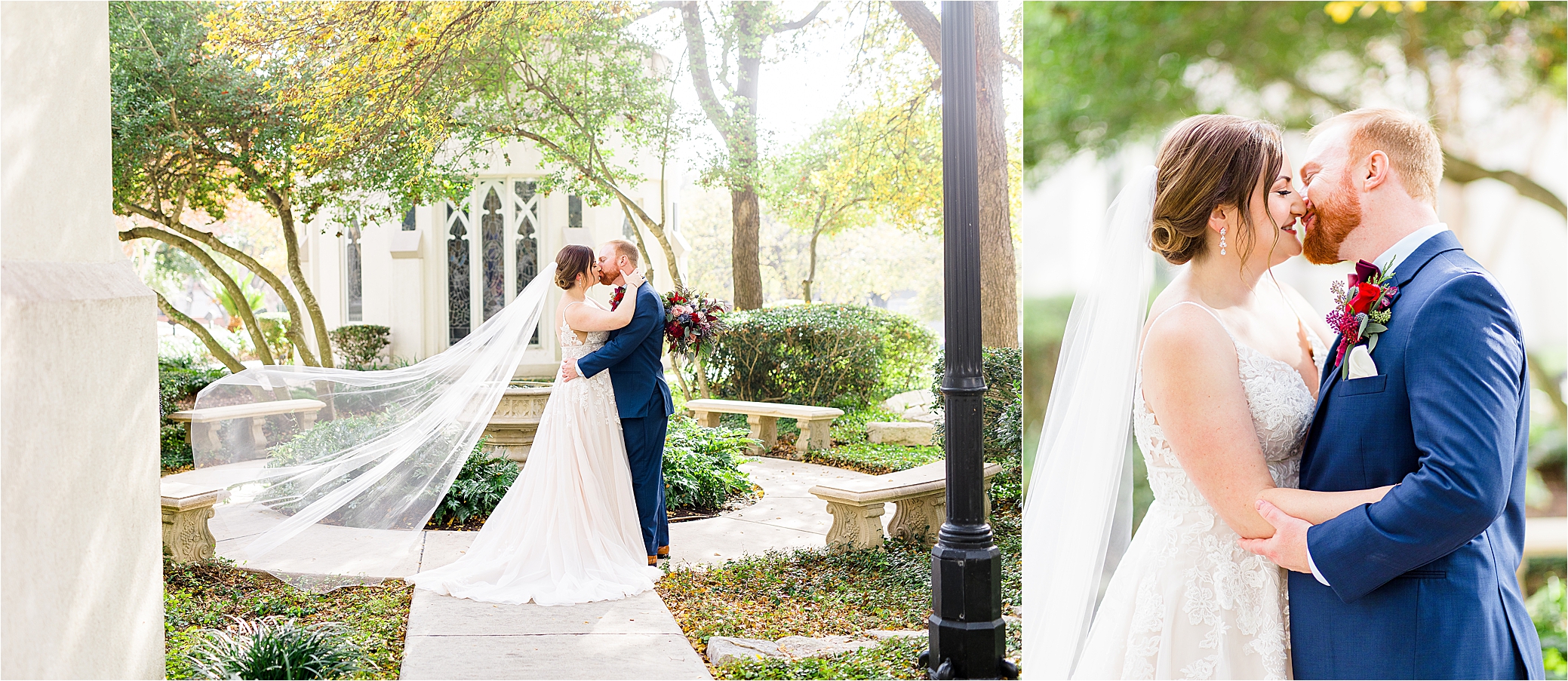 A groom in a navy suit and his bride nuzzle nose to nose as her veil flows in the wind during their first look at Alamo Heights United Methodist Church in San Antonio, Texas 