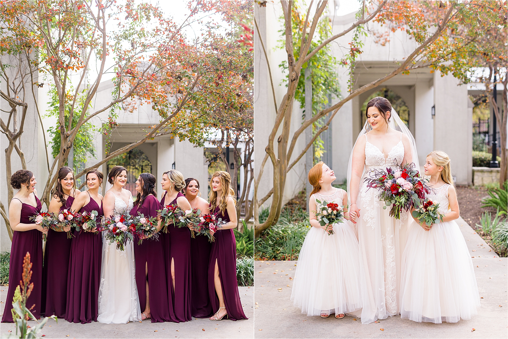 A bride laughs with her bridesmaids and holds hands wit her flower girls with orange and green leaves behind them in front of Alamo Heights United Methodist Church just before their wedding ceremony