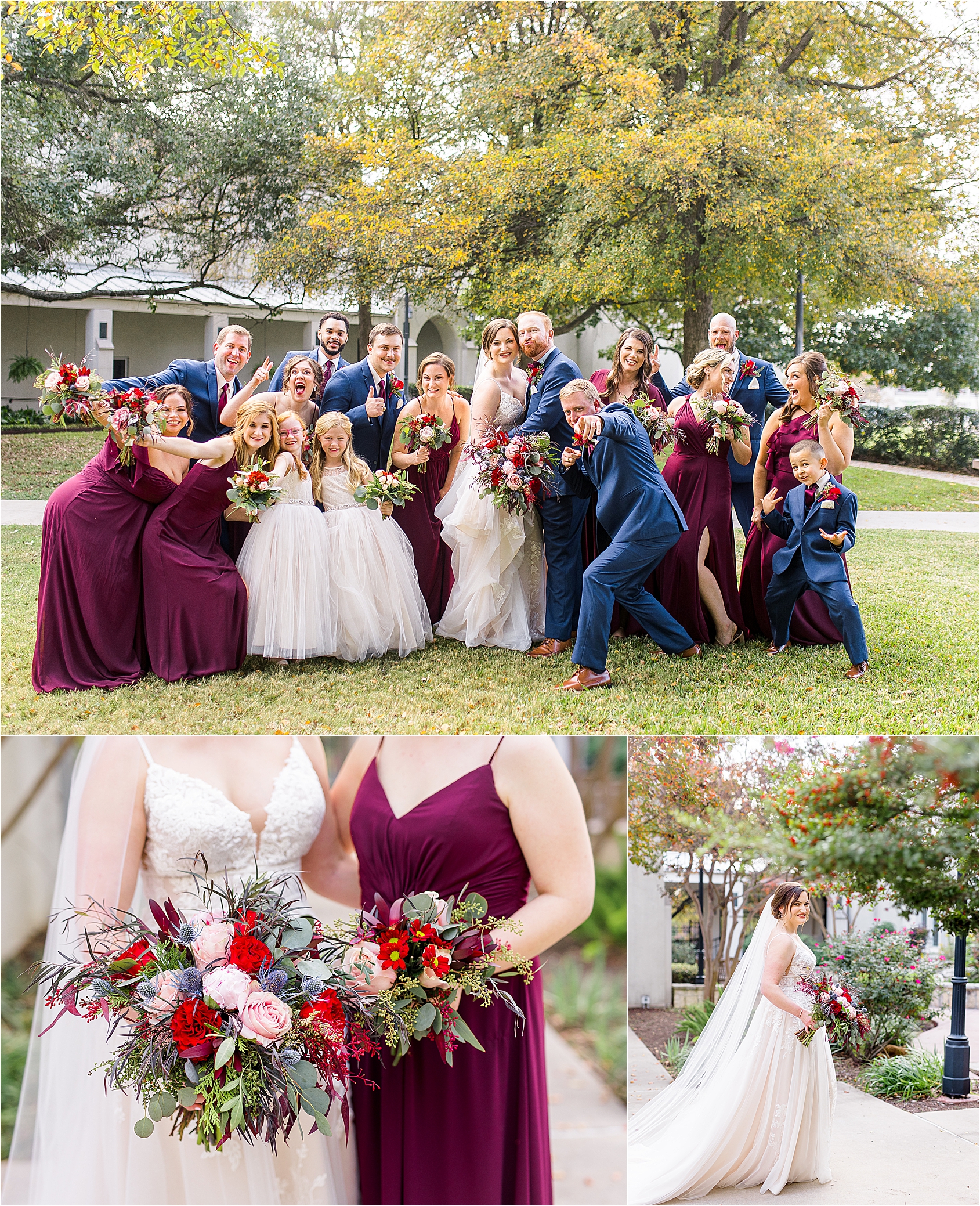 A bridal party shares a fun, large, silly group photos with the girls in maroon dresses and guys in navy suites under lots of greenery at Alamo Heights United Methodist Church in San Antonio, Texas. 