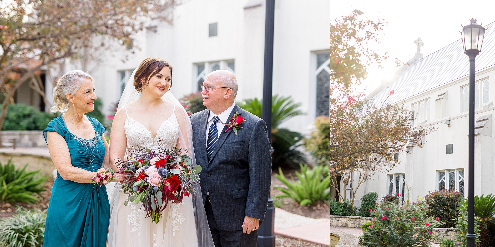 A bride shares a smile with her dad as she poses with both of her parents before her wedding at Alamo Heights United Methodist Church in San Antonio
