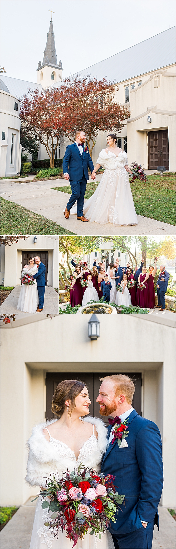 A couple holds hands with Alamo Heights United Methodist Chapel behind them and they poses with a furry shawl for their San Antonio Winter Wedding 