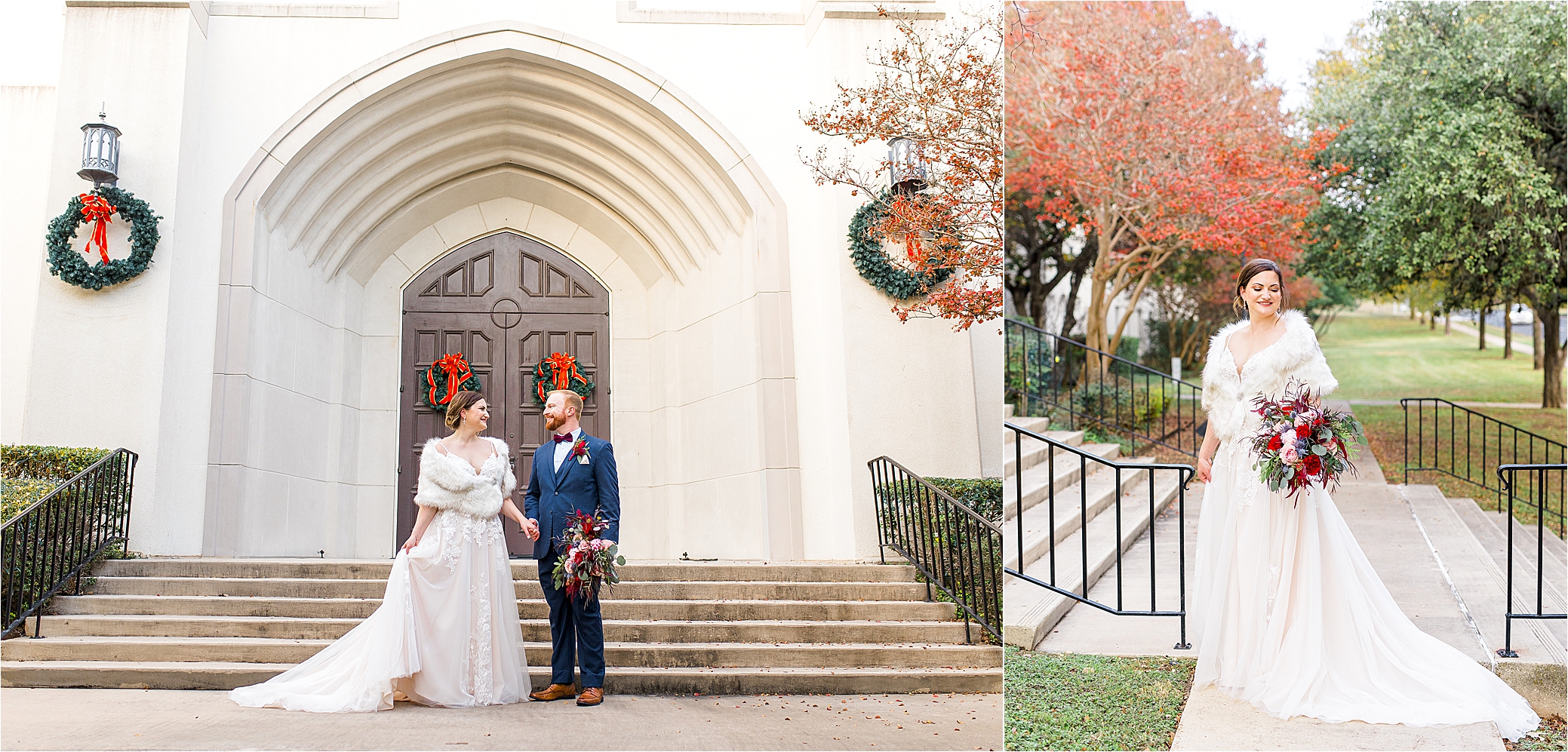 A bride and groom hold hands in front of a beautiful arch and wooden door after their Alamo Heights United Methodist Ceremony with Christmas wreaths surround them 