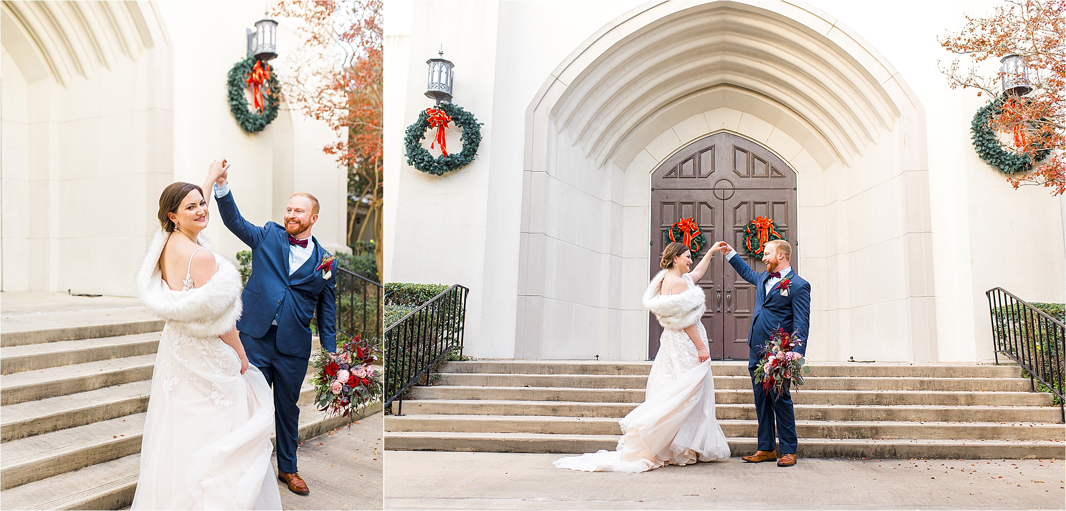 A groom in a navy suite spins his bride in a winter shawl in front of a large brown wooden door and beautiful arch at Alamo Heights United Methodist Church in San Antonio, Texas 