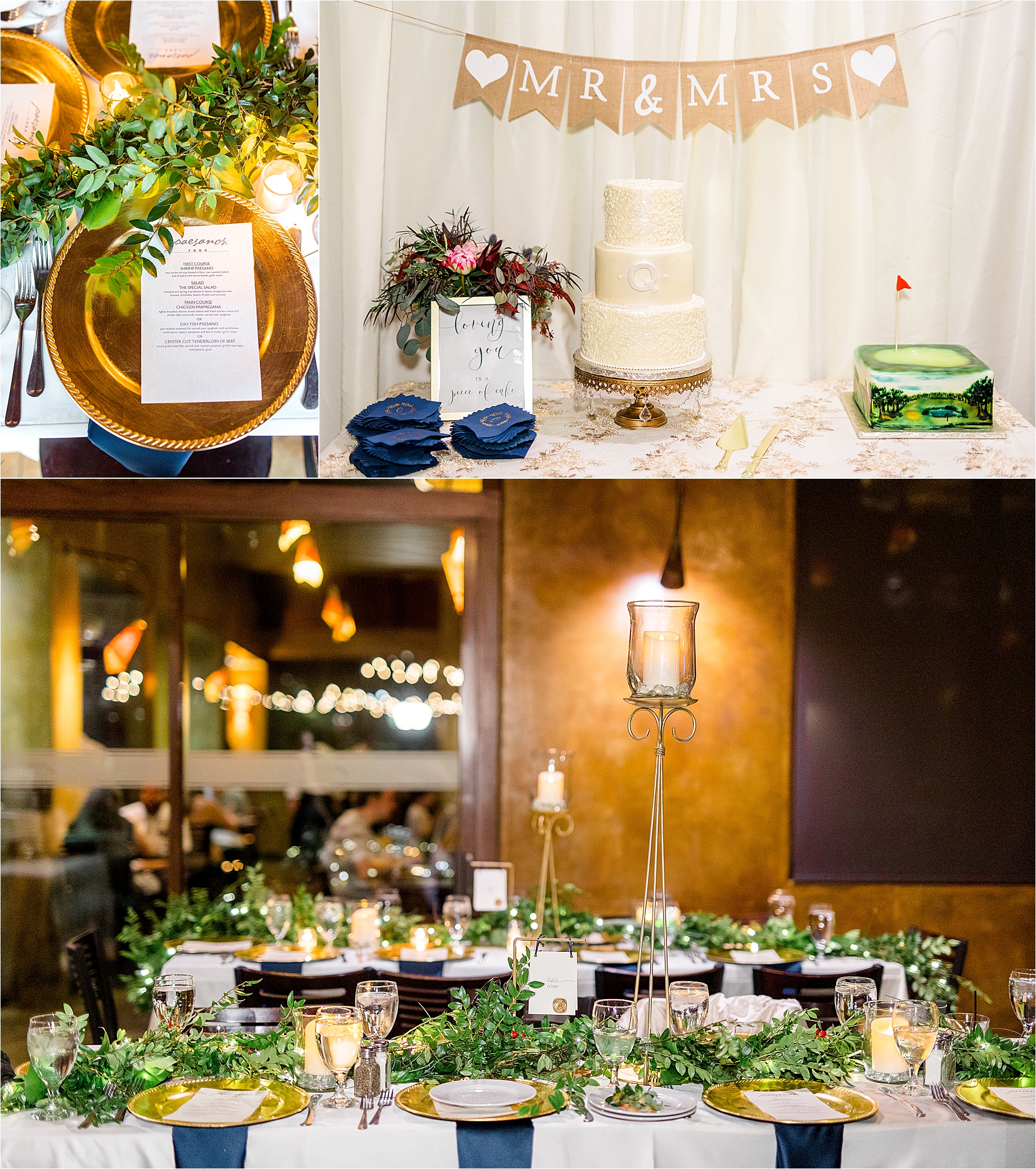 A winter wedding reception at Paesanos 1604 with lots of greenery, candles and cakes for a San Antonio wedding 