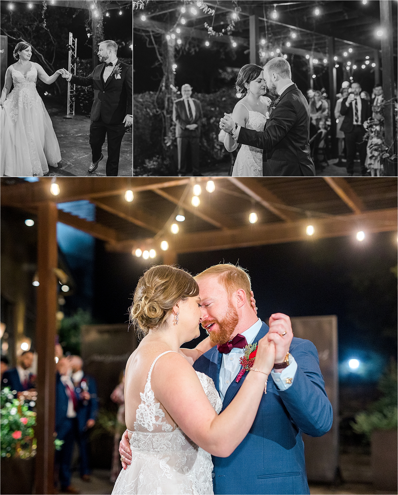 A final dance under twinkle lights shared by a bride and groom during their Paesanos 1604 Wedding Reception in San Antonio, Texas