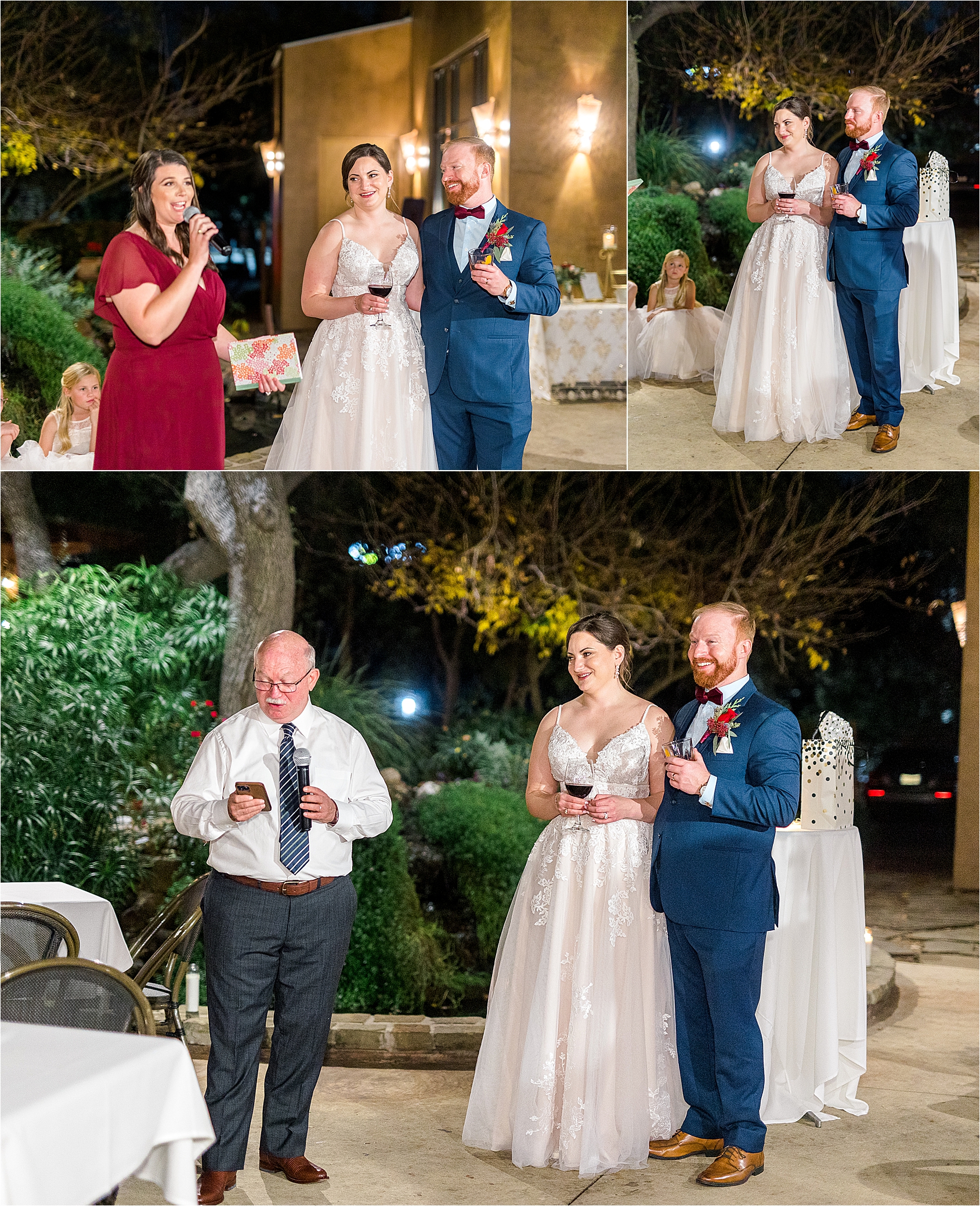 A bride and groom laugh during nighttime speeches with their maid of honor and father of the bride at their Paesanos 1604 Wedding Reception 