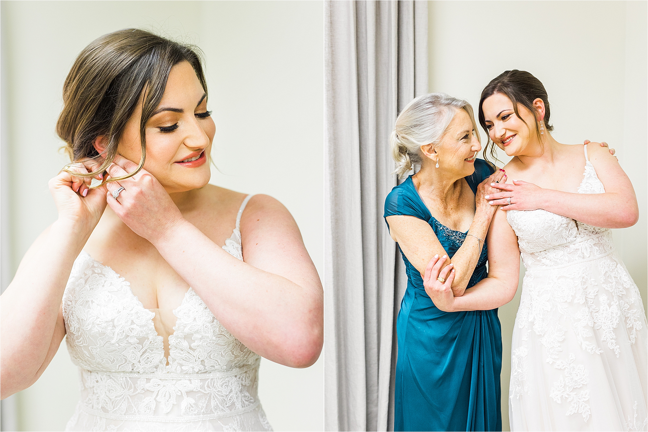 A bride to be in her wedding dress looks down as she puts on her earrings and hugs her mom after putting on her wedding dress inside the bridal suite at Alamo Heights United Methodist Church in San Antonio, Texas 
