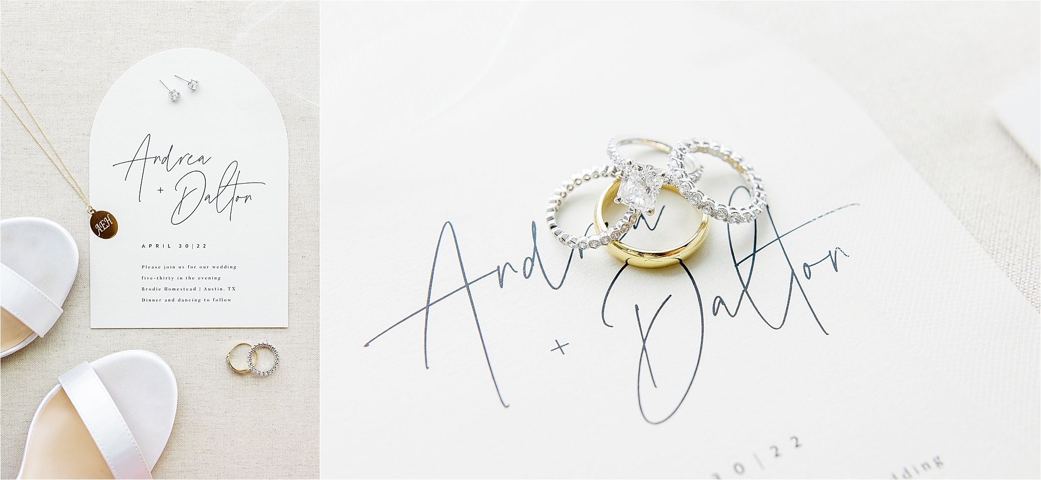 A detail photo of of wedding bands and an engagement ring on an top of an invitation suite that reads Andrea + Dalton