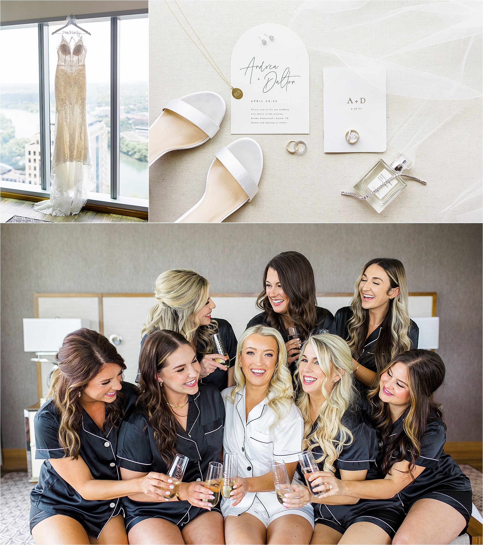 A bride and her bridesmaids in black pjs share a toast on a hotel bed at JW Marriott in Austin, Texas on her wedding day.