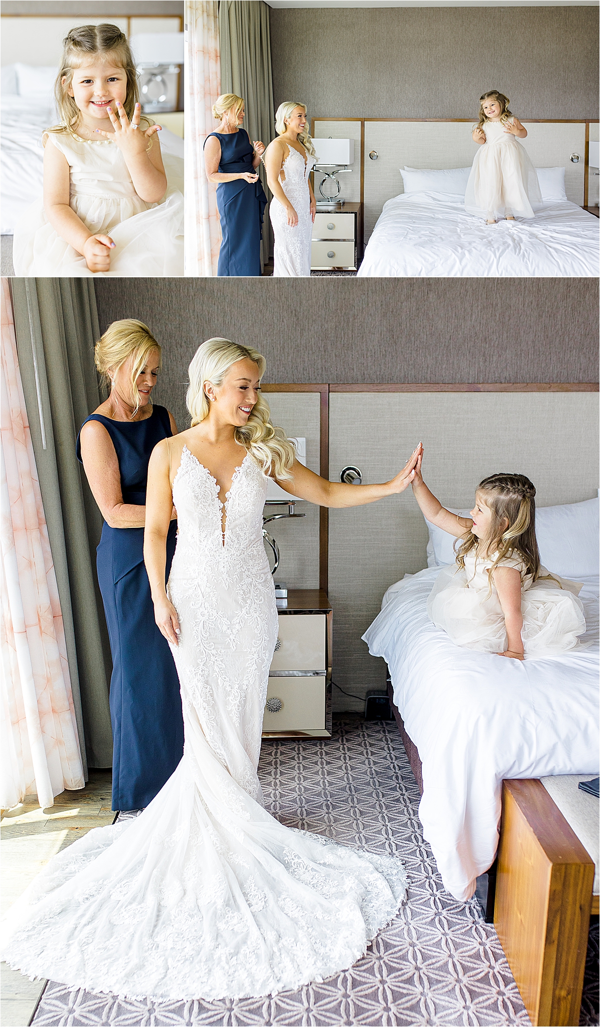 A flower girl high fives the bride as she gets dressed and tries on her engagement ring and smiles into the camera in a hotel room at JW Marriott in Austin, Texas