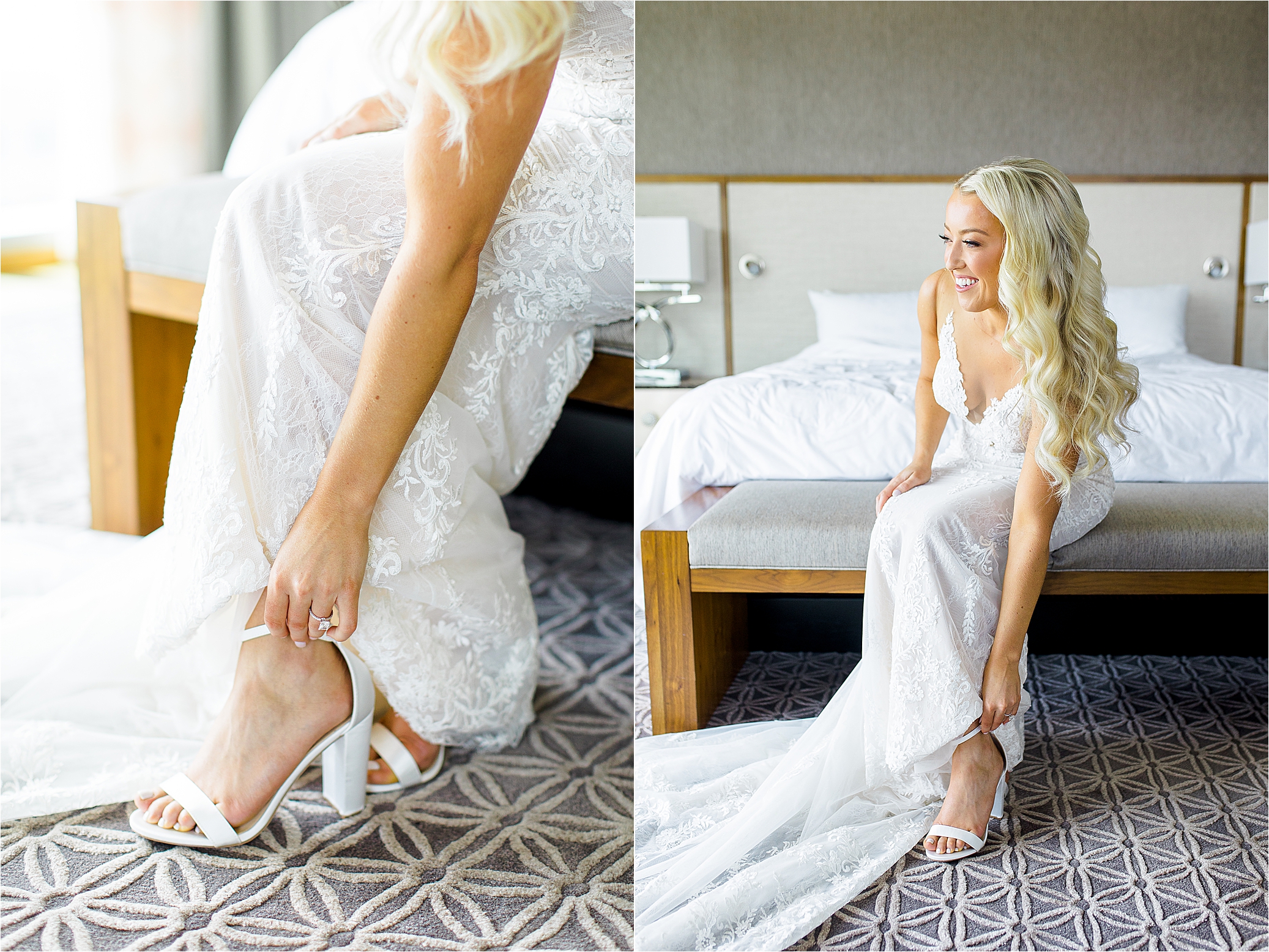 A bride in her lace wedding dress leans over and adjusts her shoes with a big smile on her face as she gets ready for her wedding day in hotel room at JW Marriott in Austin, Texas