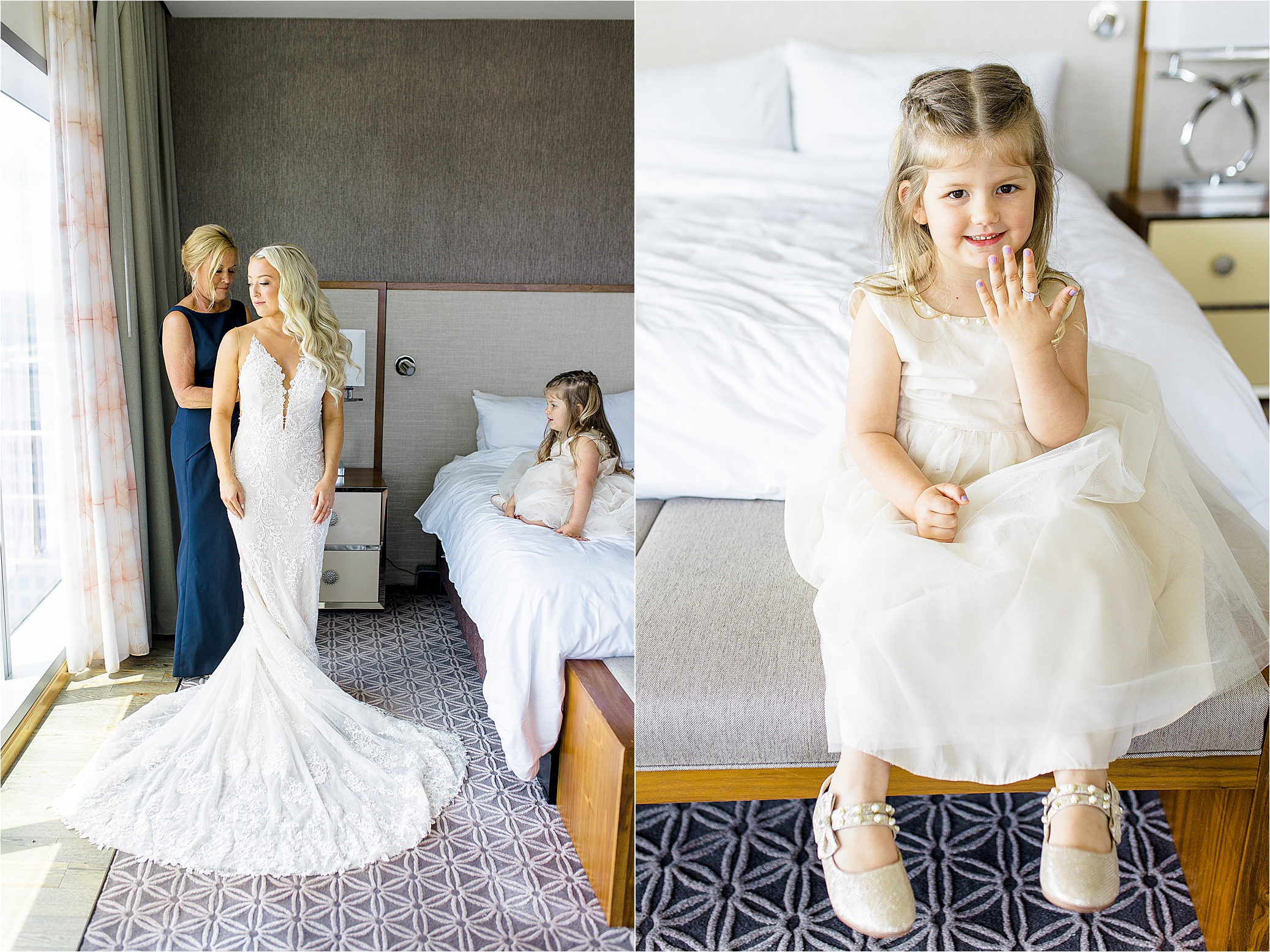 A flower girl shows off the brides engagement ring while sitting in her gold dress. on a bed at the JW Marriott Hotel in Austin, Texas