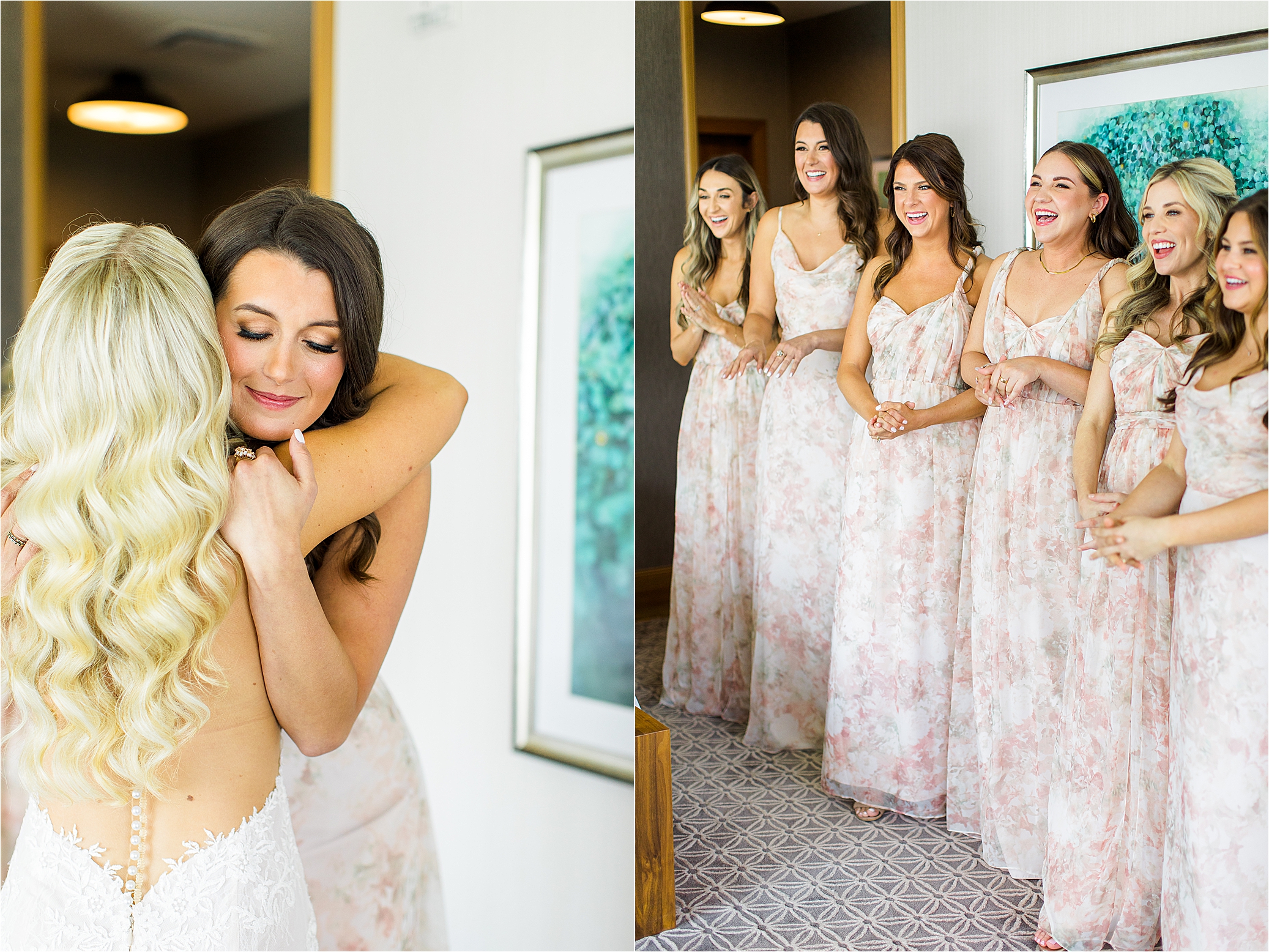 Bridesmaids in floral dresses smile and cheer for the bride in her wedding dress in a hotel room at JW Marriott in Austin, Texas 