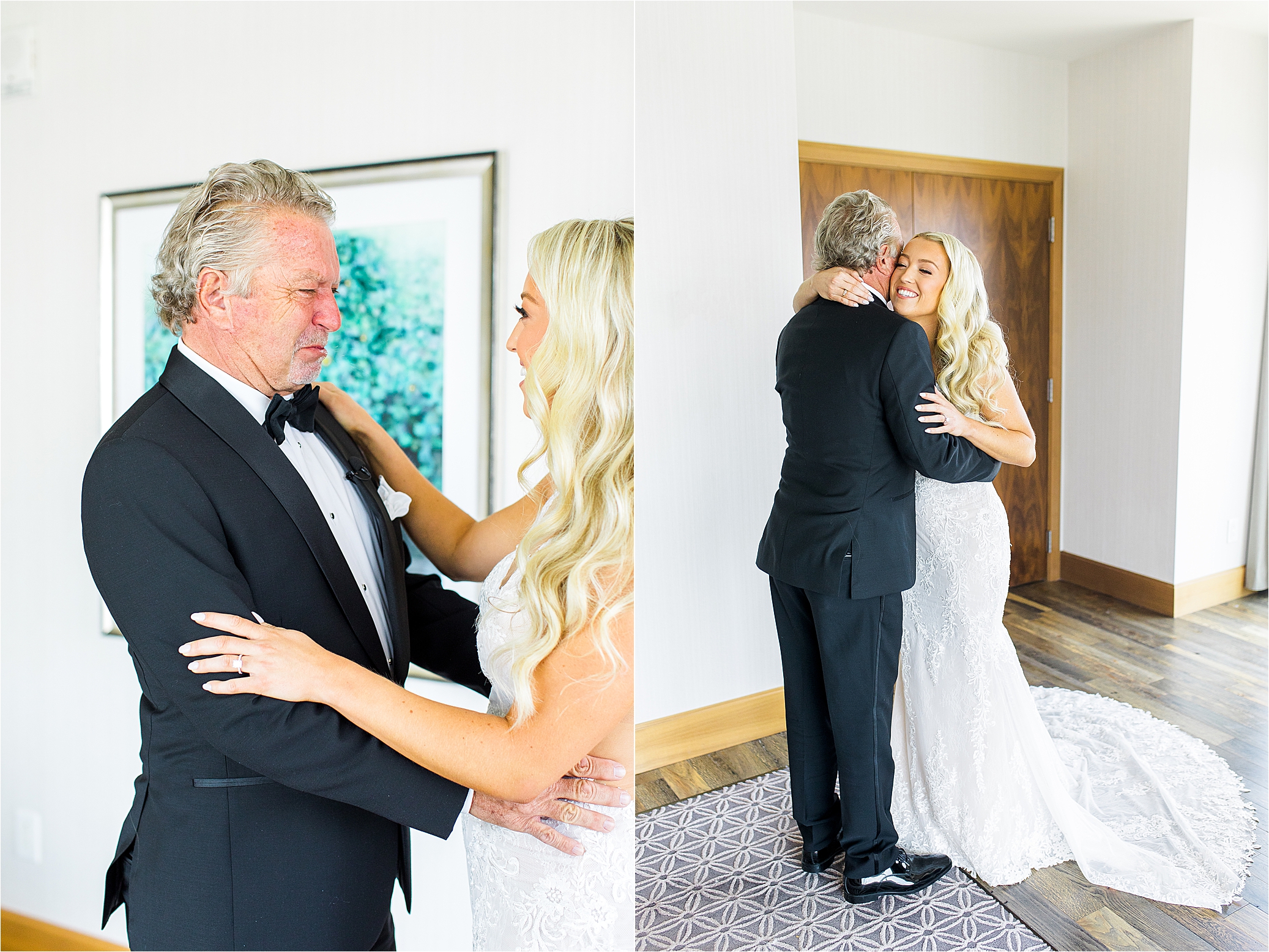 A bride in her wedding dress shares an emotional first look with her dad as he begins to cry and she shares a hug with him in a hotel room at JW Marriott in Austin, Texas