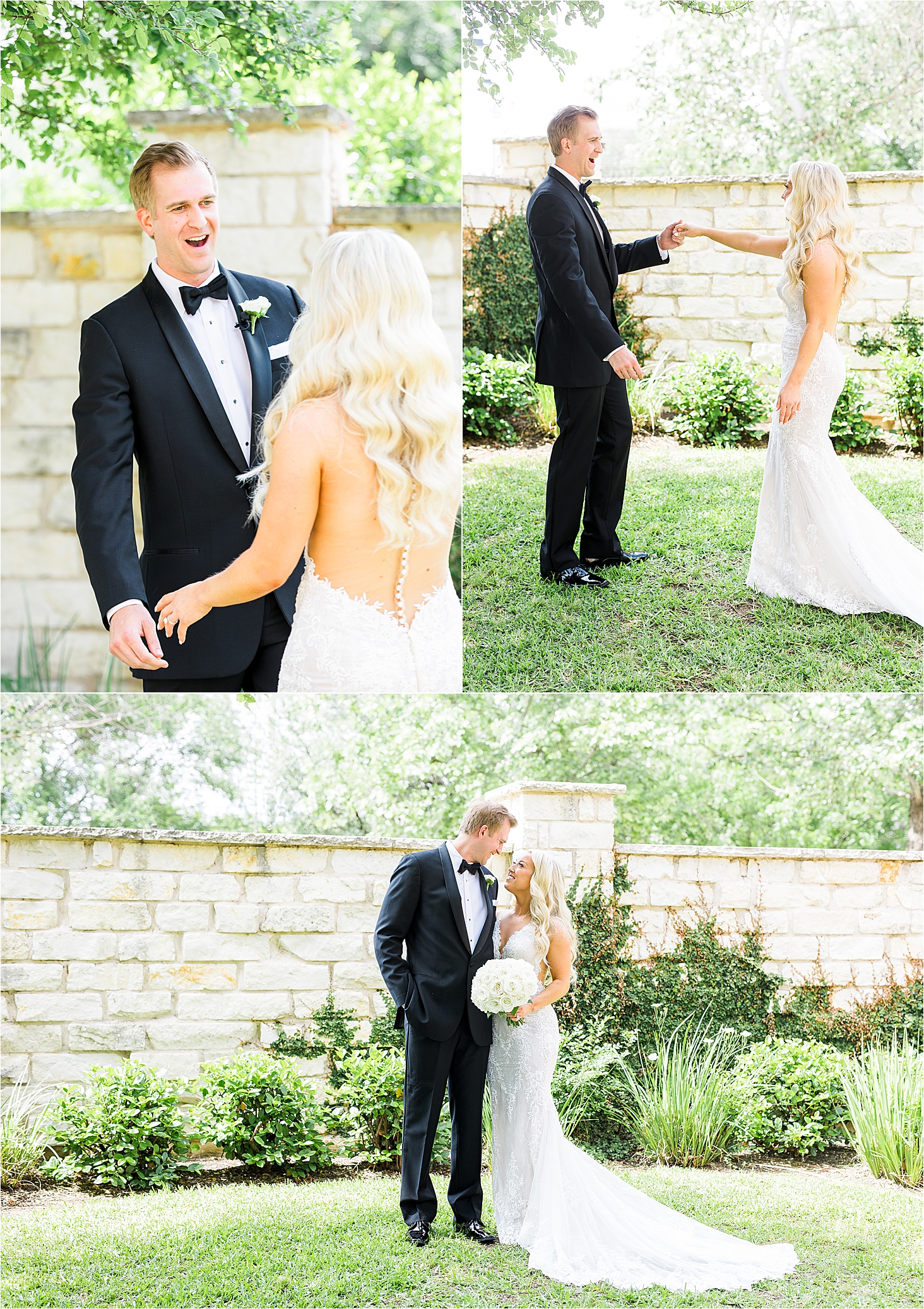 A groom in a black tux is surprised and happy as he sees his blonde bride in a lace wedding dress for the first time as they are surrounded by greenery at Brodie Homestead in Austin, Texas