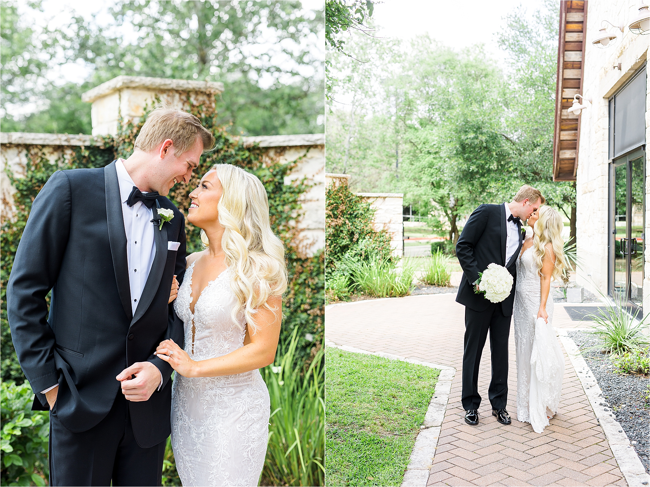 A bride and groom look at each other and share a kiss in front of greenery wedding at their Brodie Homestead wedding venue in Austin, Texas