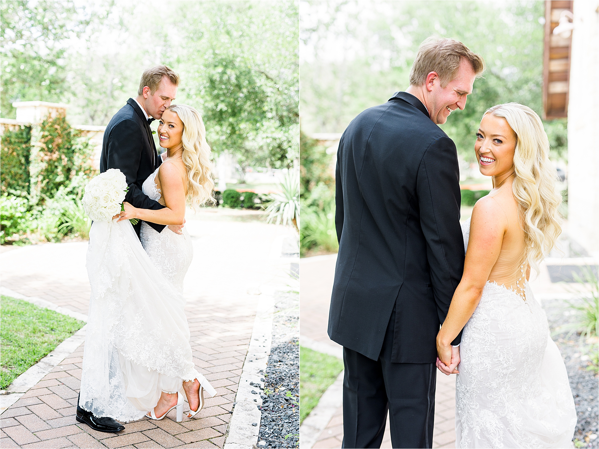 A groom in a black tux kisses his blonde bride's head as she looks back at the camera over her shoulder surrounded by greenery at Brodie Homestead in Austin, Texas