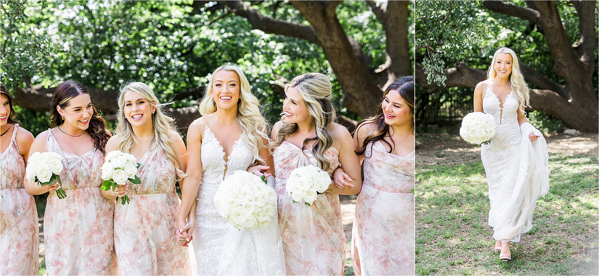 A bride smiles and holds her dress as she walks with her bridesmaids during portraits for her Brodie Homestead Wedding in Austin, Texas
