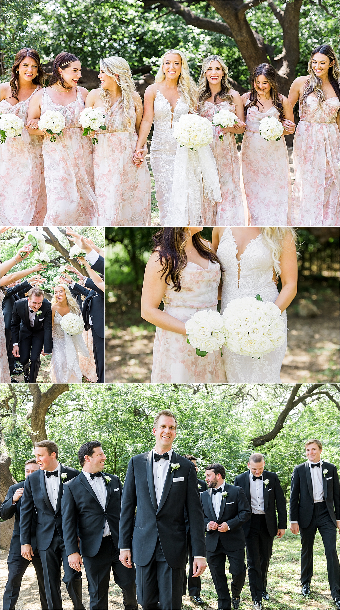 A bride holds hands with her bridesmaids in pink floral dresses as they smile and hold white wedding bouquets for outdoor bridal party photos at Brodie Homestead in Austin, Texas