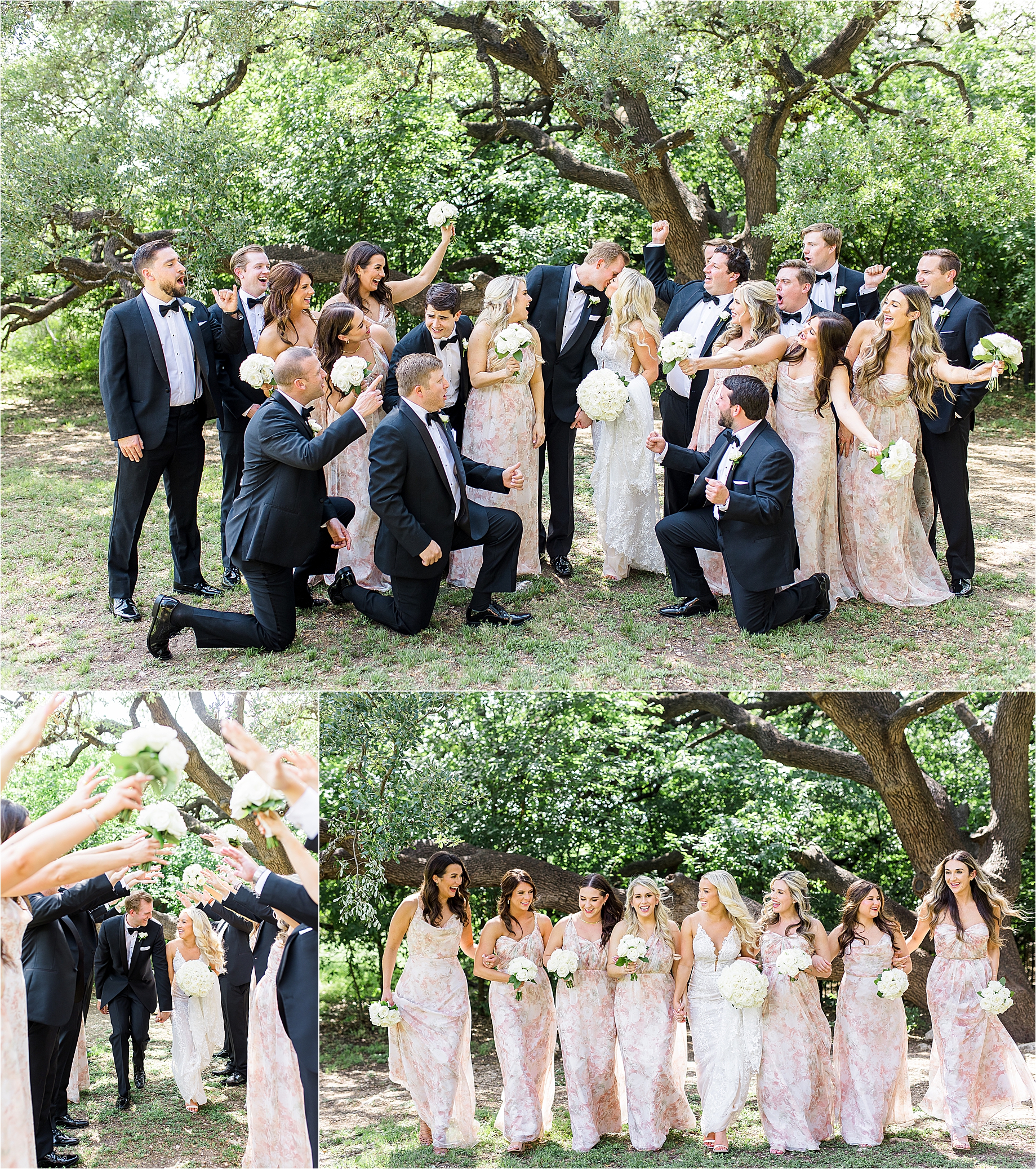 A bride and groom share a kiss surround by their wedding party in front of trees at Brodie Homestead in Austin, Texas.