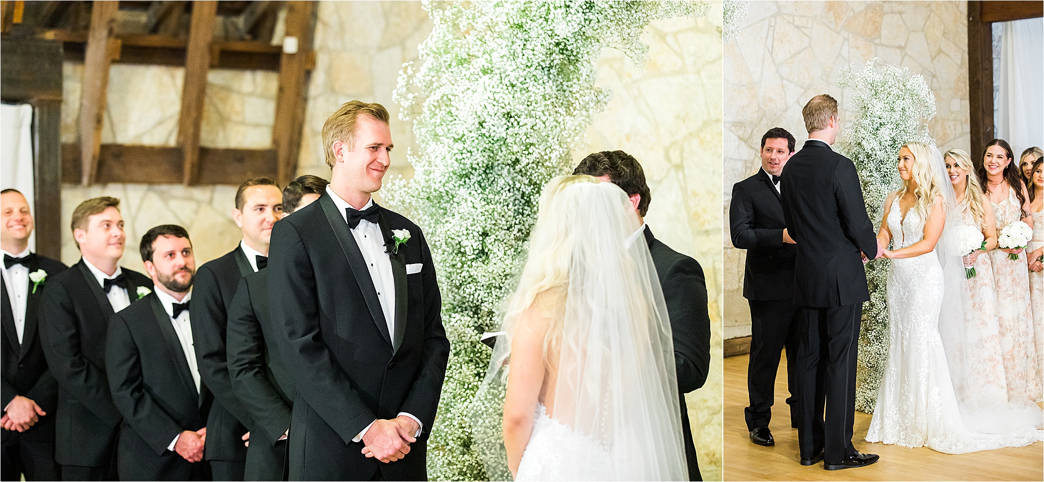 A groom in a black tux smiles at his bride as her veil hangs over her shoulder and they exchange vows at Brodie Homestead in Austin, Texas