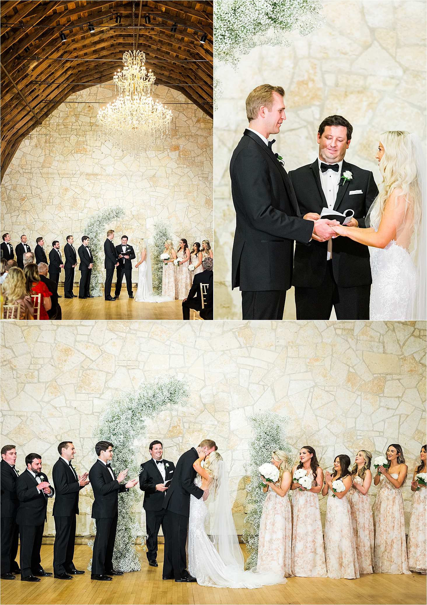 A bride and groom share their first kiss as husband and wife in front of a stone wall and chandeliers above them at Brodie Homestead in Austin, Texas. 