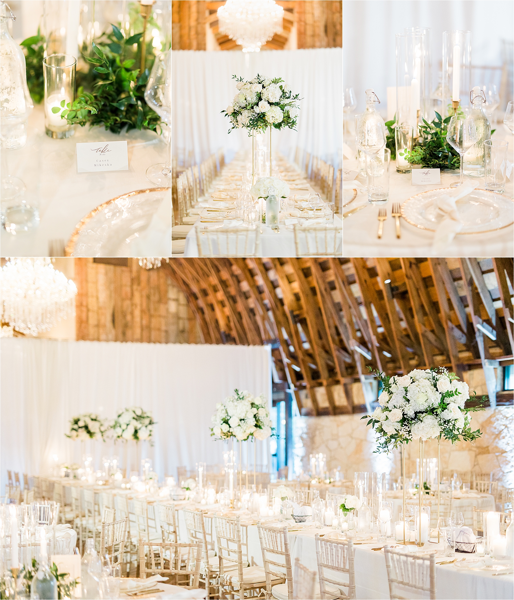 White flowers, greenery and candle light inside barn style venue in Austin, Texas.