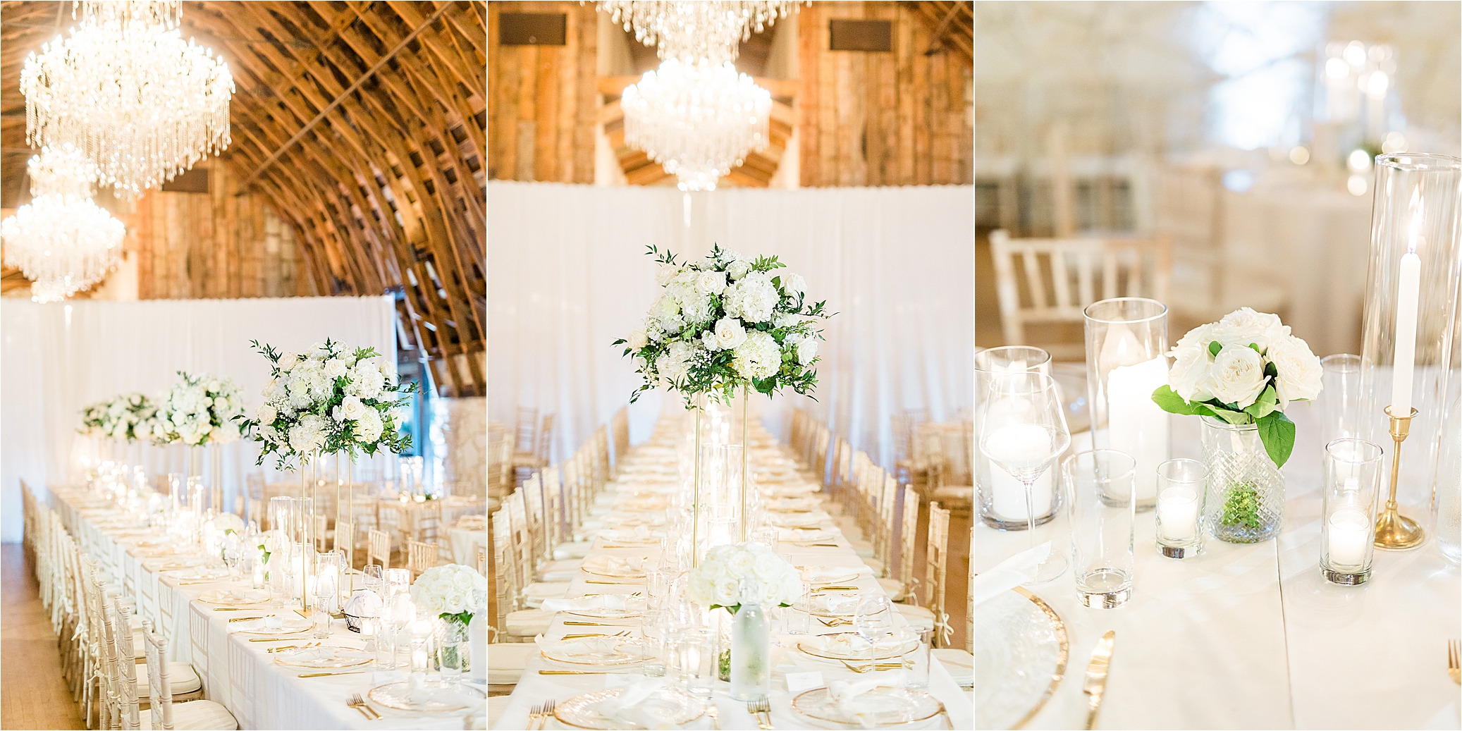 White flowers, greenery, chandeliers and long tables inside a brown barn venue, Brodie Homestead in Austin Texas with wedding photographer Jillian Hogan