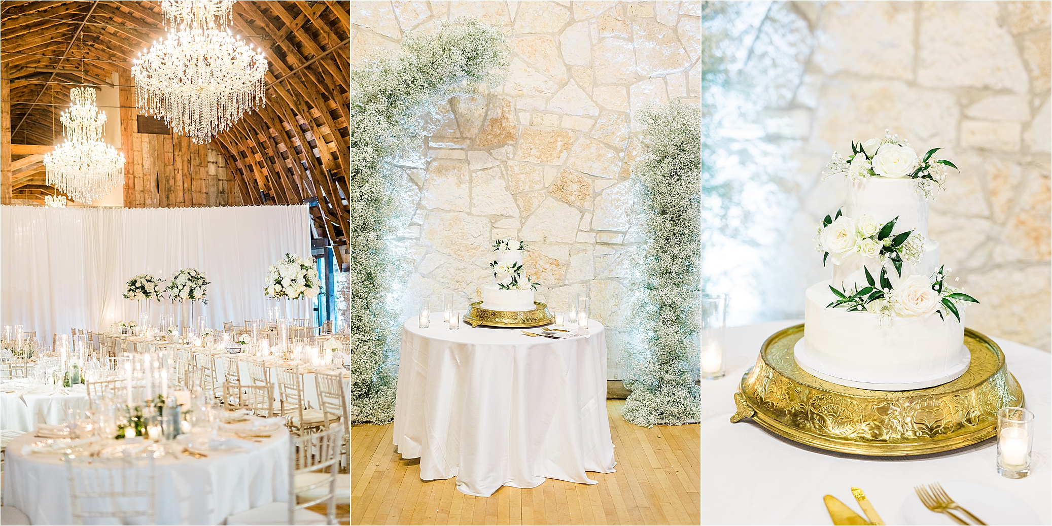 A white three tiered wedding cake adorned with flowers and a baby's breath arch behind it inside the barn at Brodie Homestead in Austin, Texas
