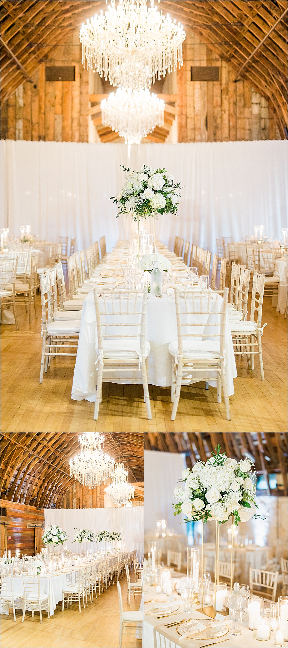 White table clothes, gold chairs, large white bouquets, chandeliers and candlelight in a decorated brown barn for a wedding in Austin, Texas