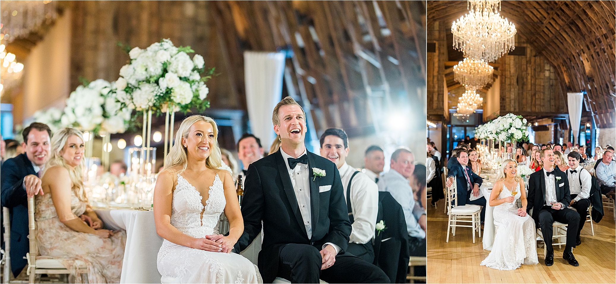 A bride and groom hold hands and smile during wedding speeches inside a brown barn decorated with candles and large white bouquets on their wedding day with Austin Wedding Photographer Jillian Hogan at Brodie Homestead in Austin, Texas.